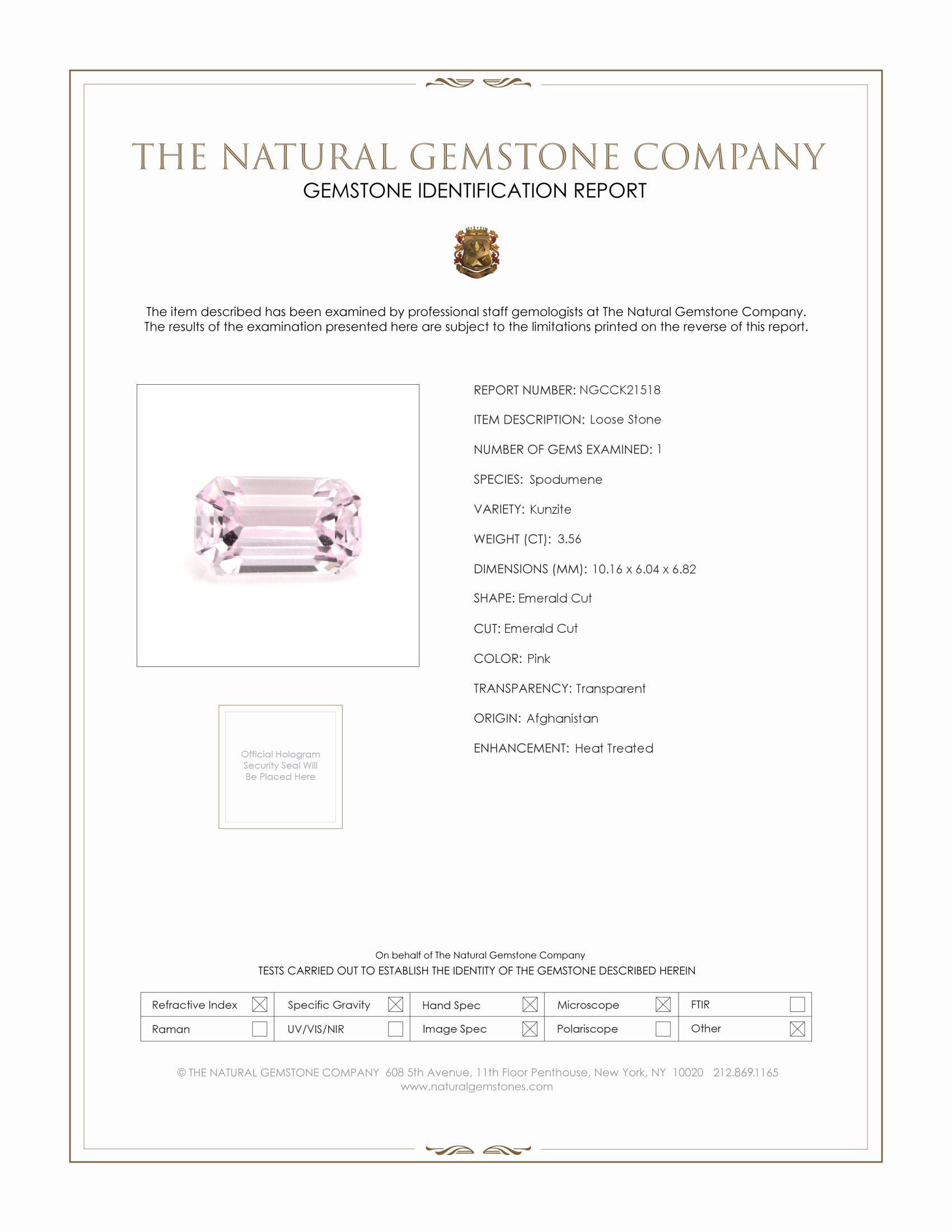 3.56 Ct. Pink Kunzite from Afghanistan