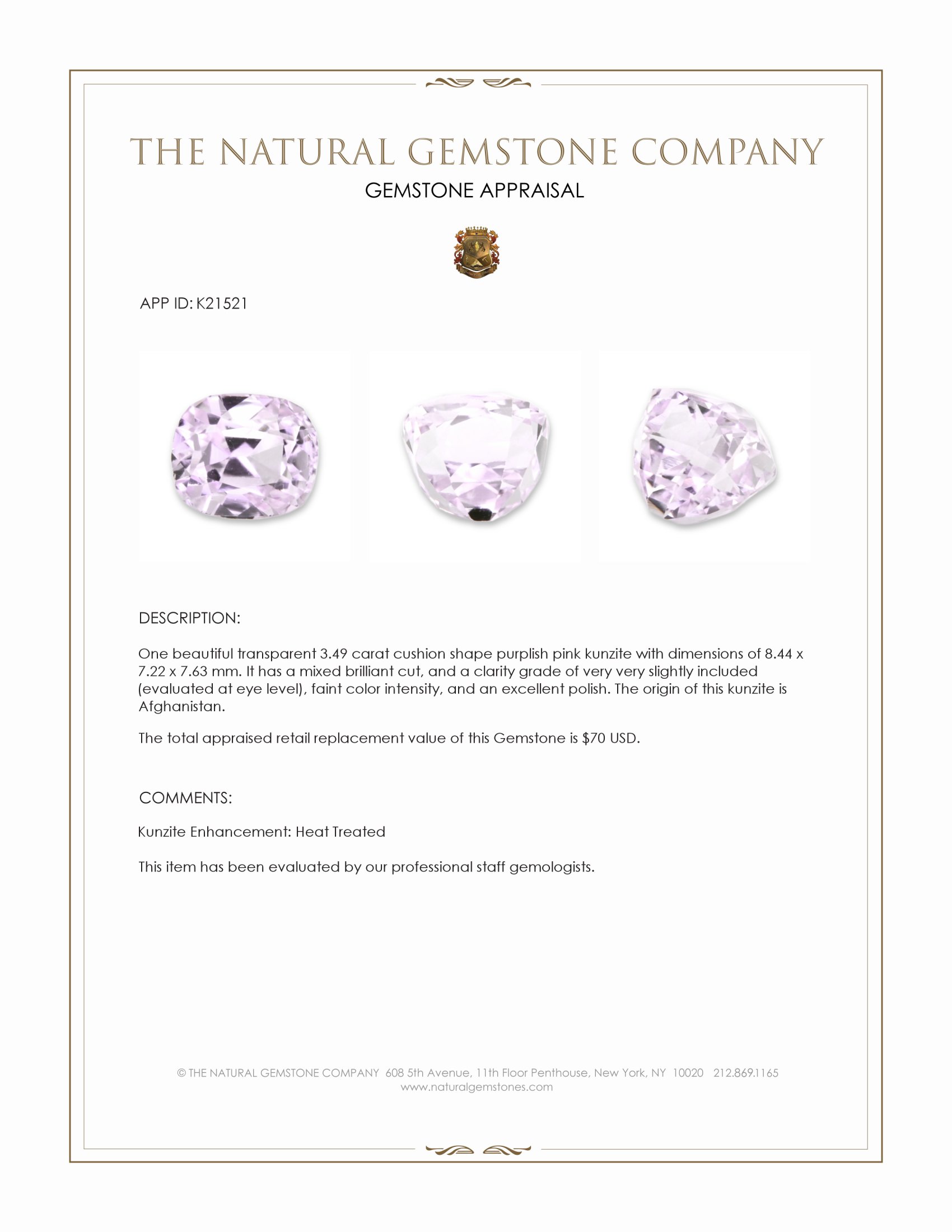 3.49 Ct. Purplish Pink Kunzite from Afghanistan