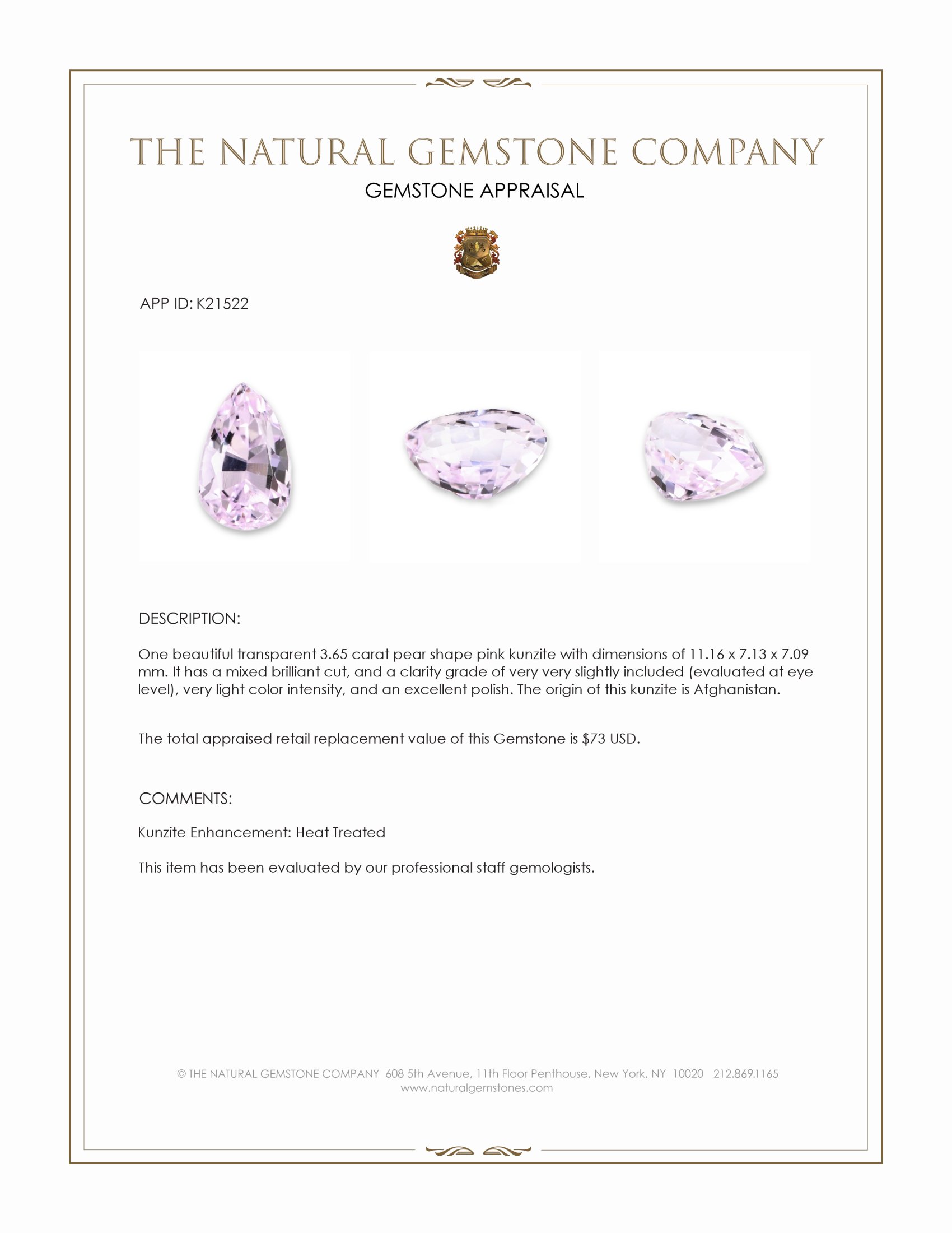 3.65 Ct. Kunzite from Afghanistan