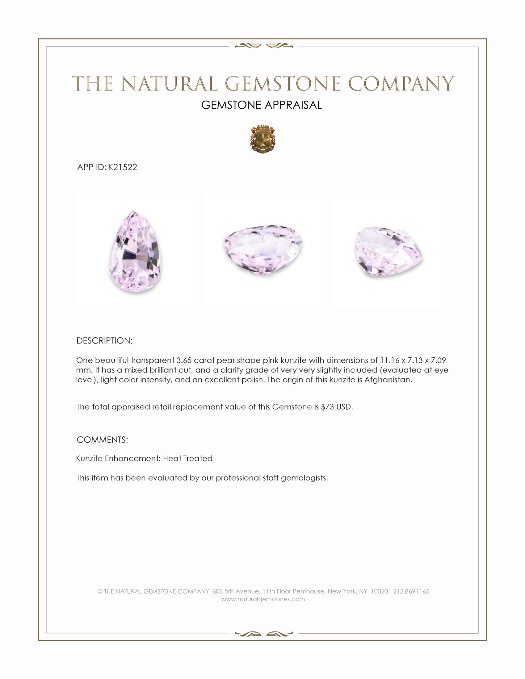3.65 Ct. Pink Kunzite from Afghanistan
