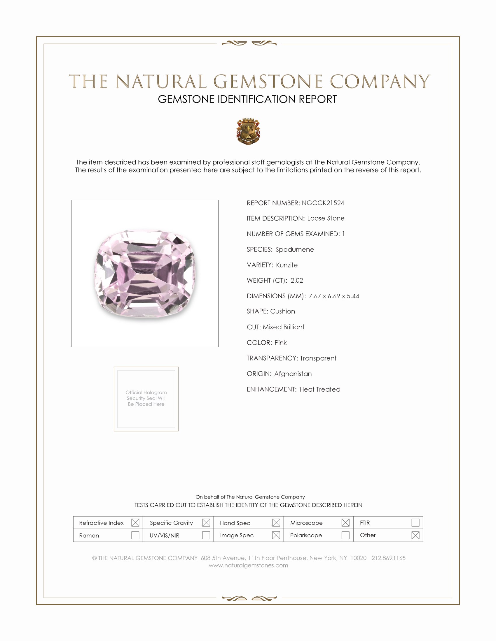 2.02 Ct. Pink Kunzite from Afghanistan