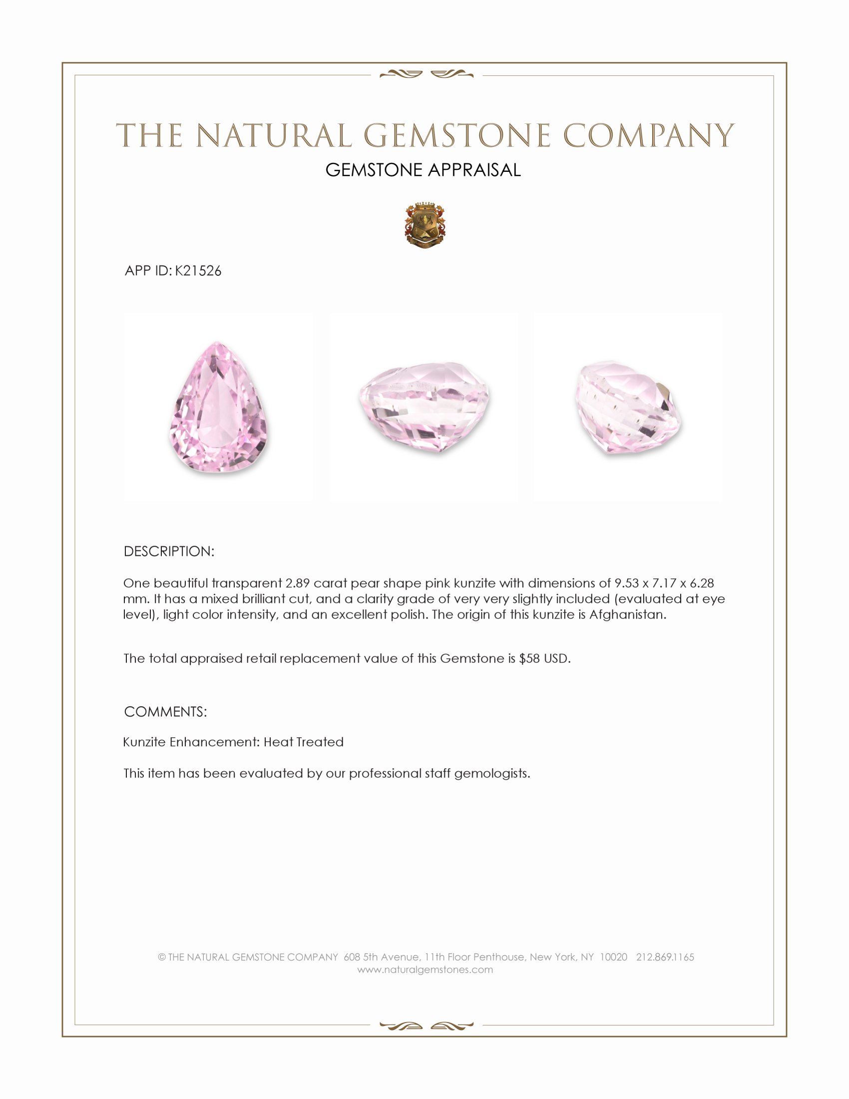 2.89 Ct. Pink Kunzite from Afghanistan