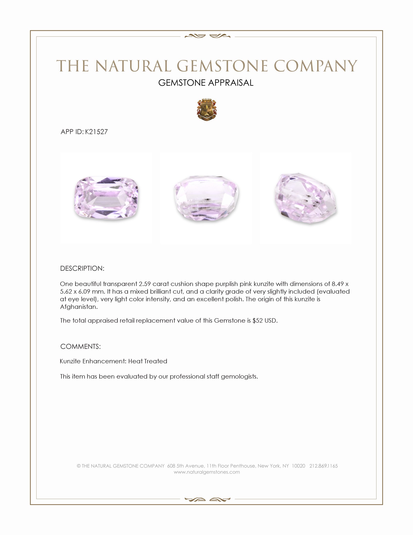 2.59 Ct. Kunzite from Afghanistan