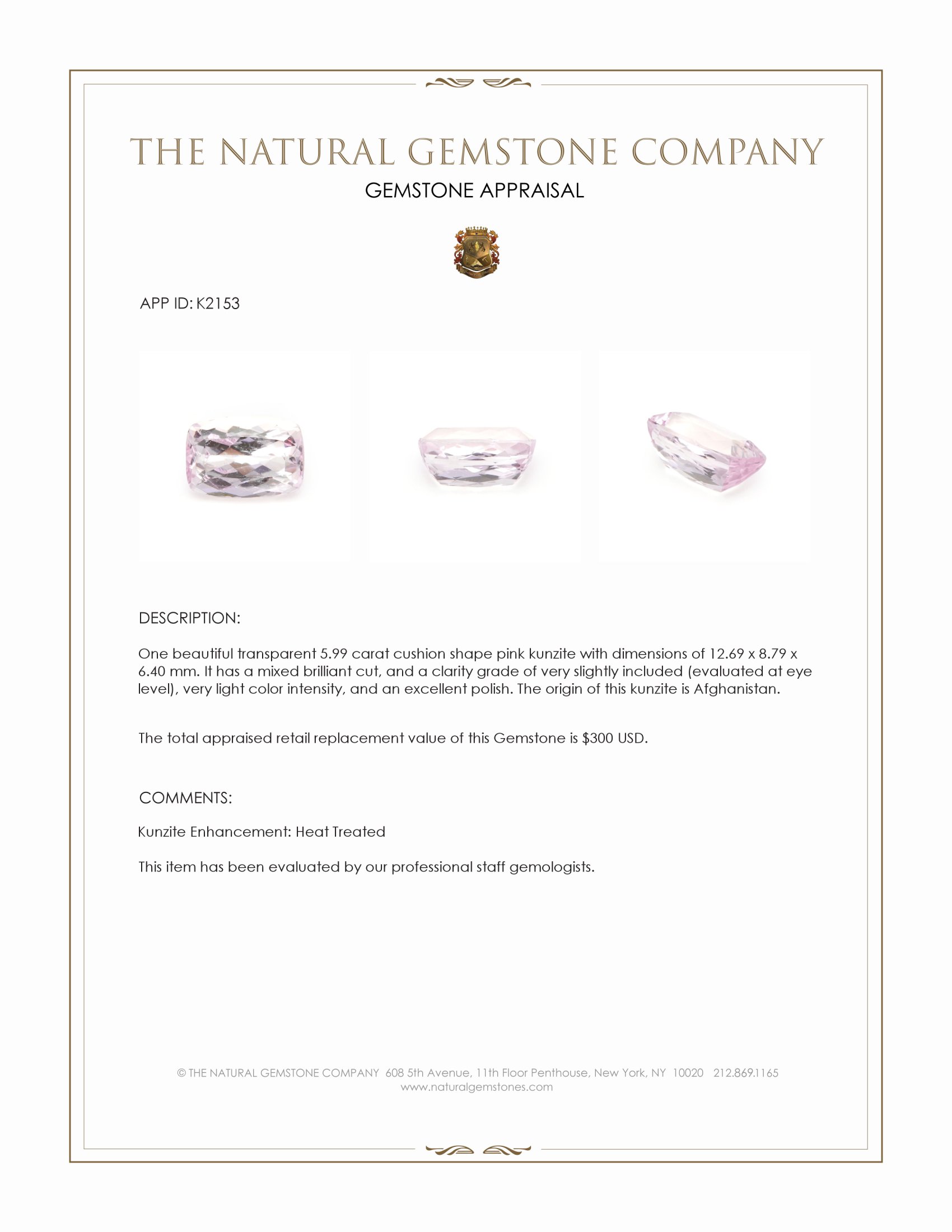 5.99 Ct. Kunzite from Afghanistan