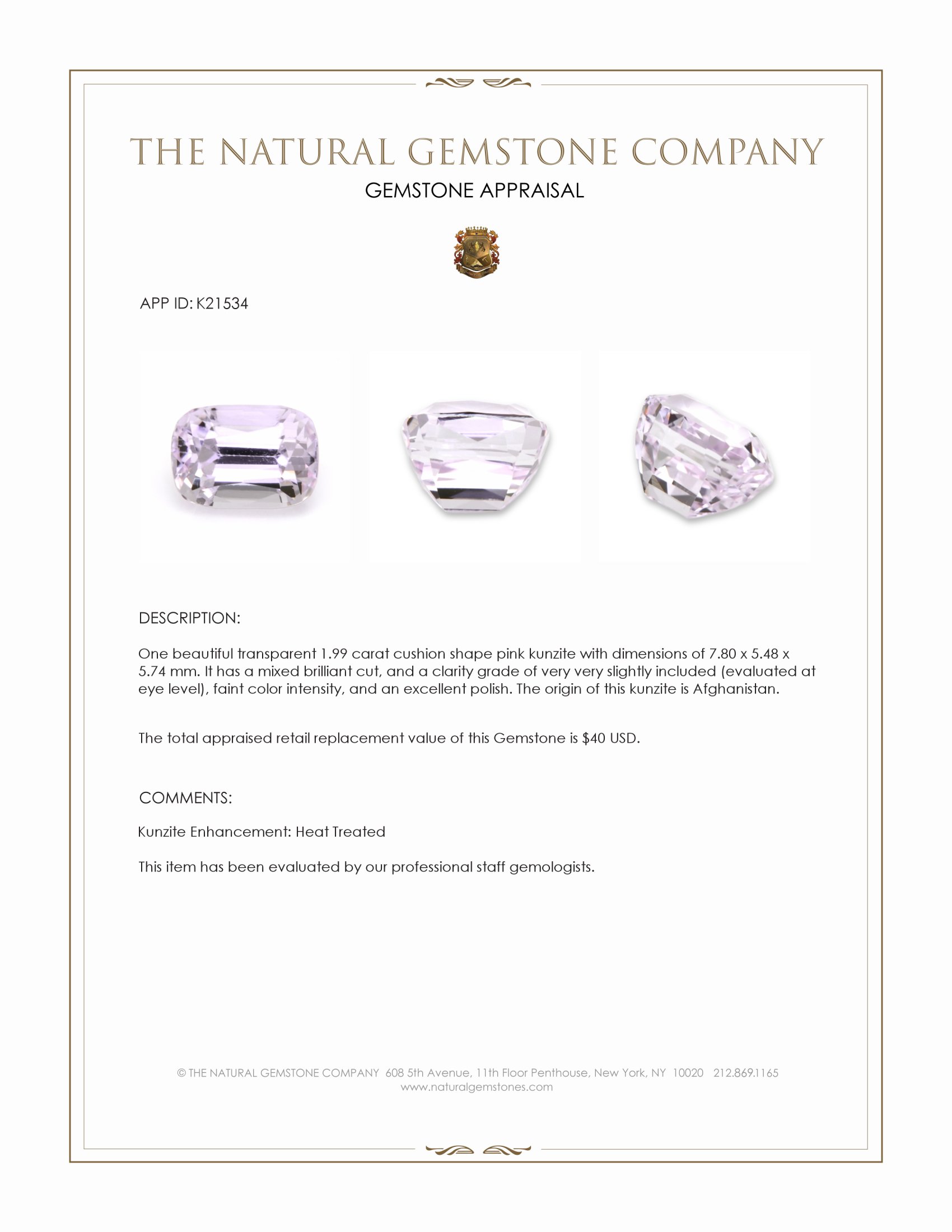 2.02 Ct. Pinkish Purple Kunzite from Afghanistan