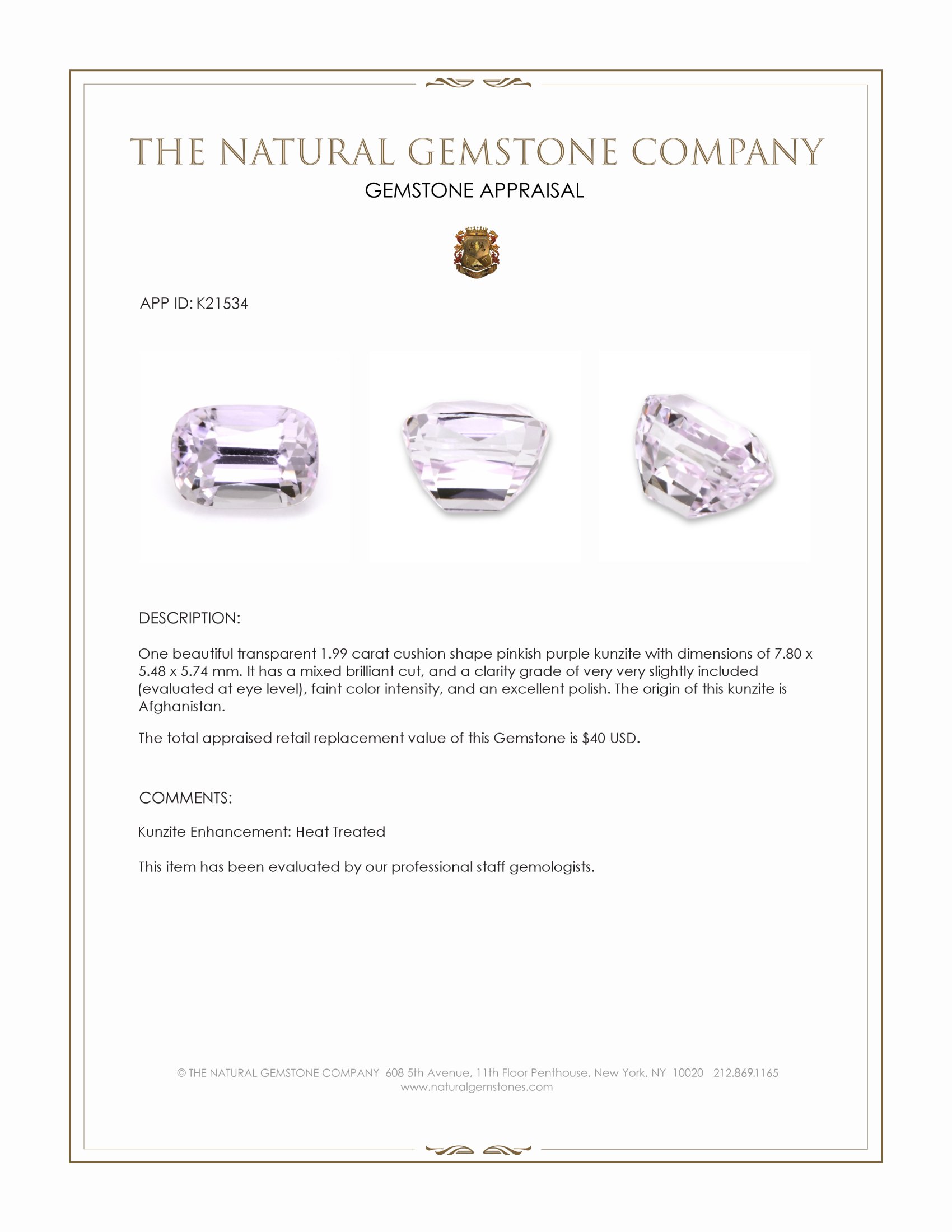 1.99 Ct. Kunzite from Afghanistan