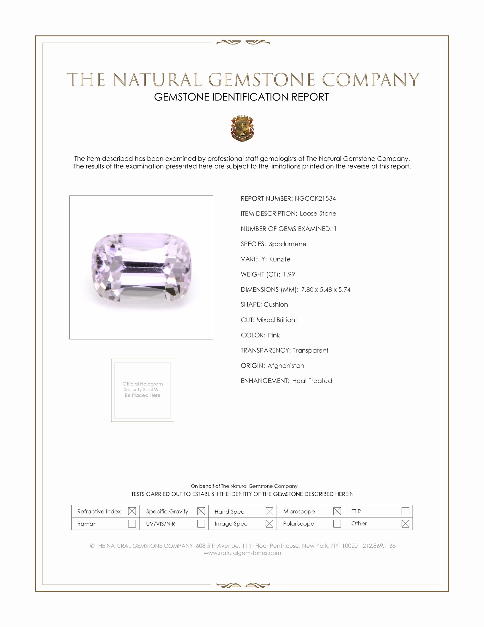 2.02 Ct. Pinkish Purple Kunzite from Afghanistan