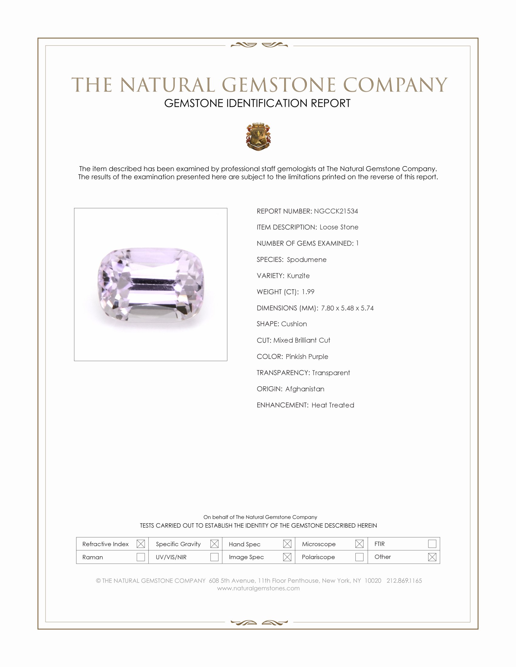 1.99 Ct. Pinkish Purple Kunzite from Afghanistan