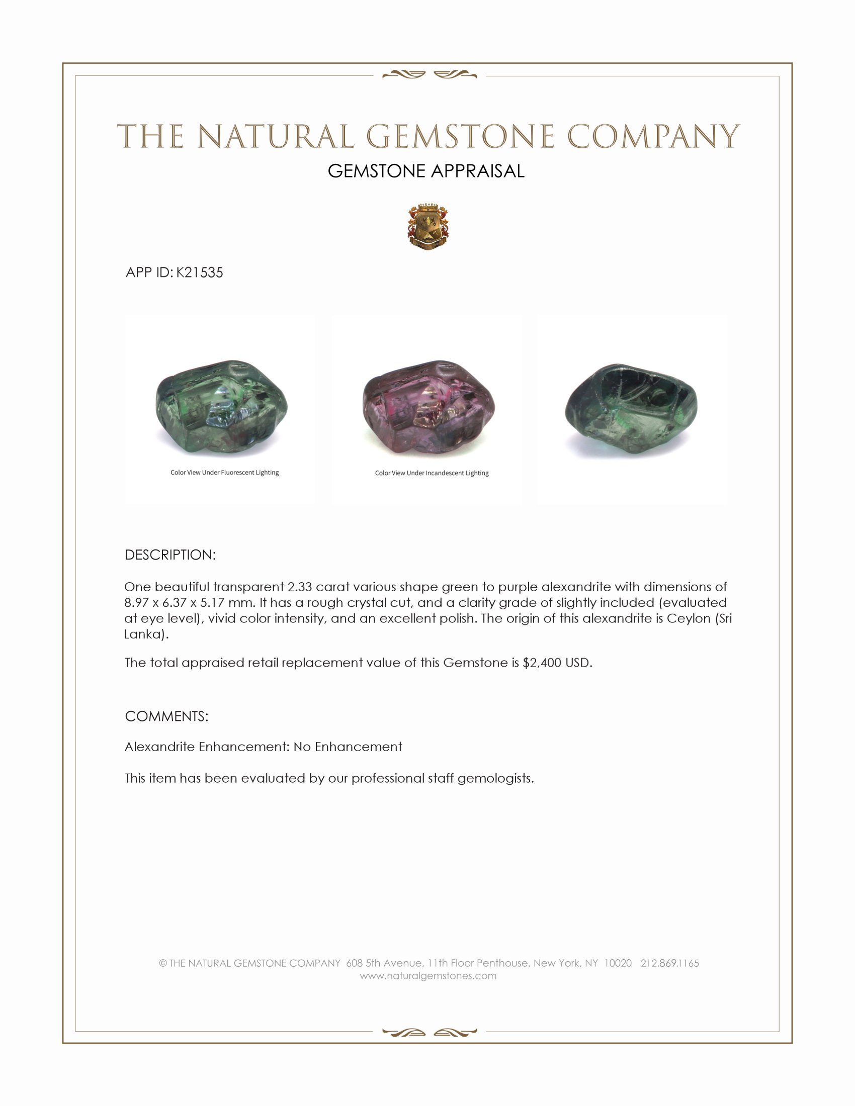 2.33 Ct. Alexandrite from Ceylon (Sri Lanka)