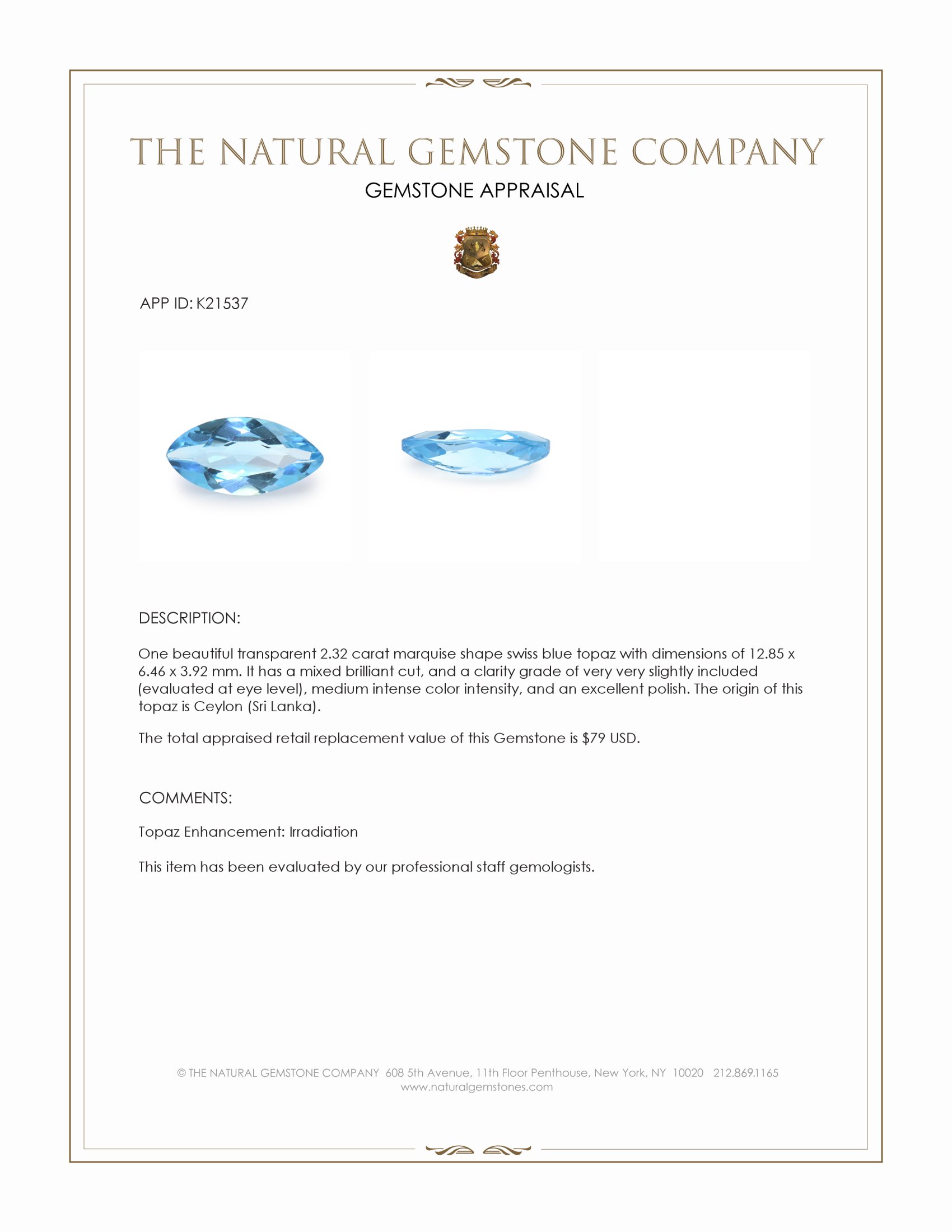 2.32 Ct. Swiss Blue Topaz from Burma (Myanmar)