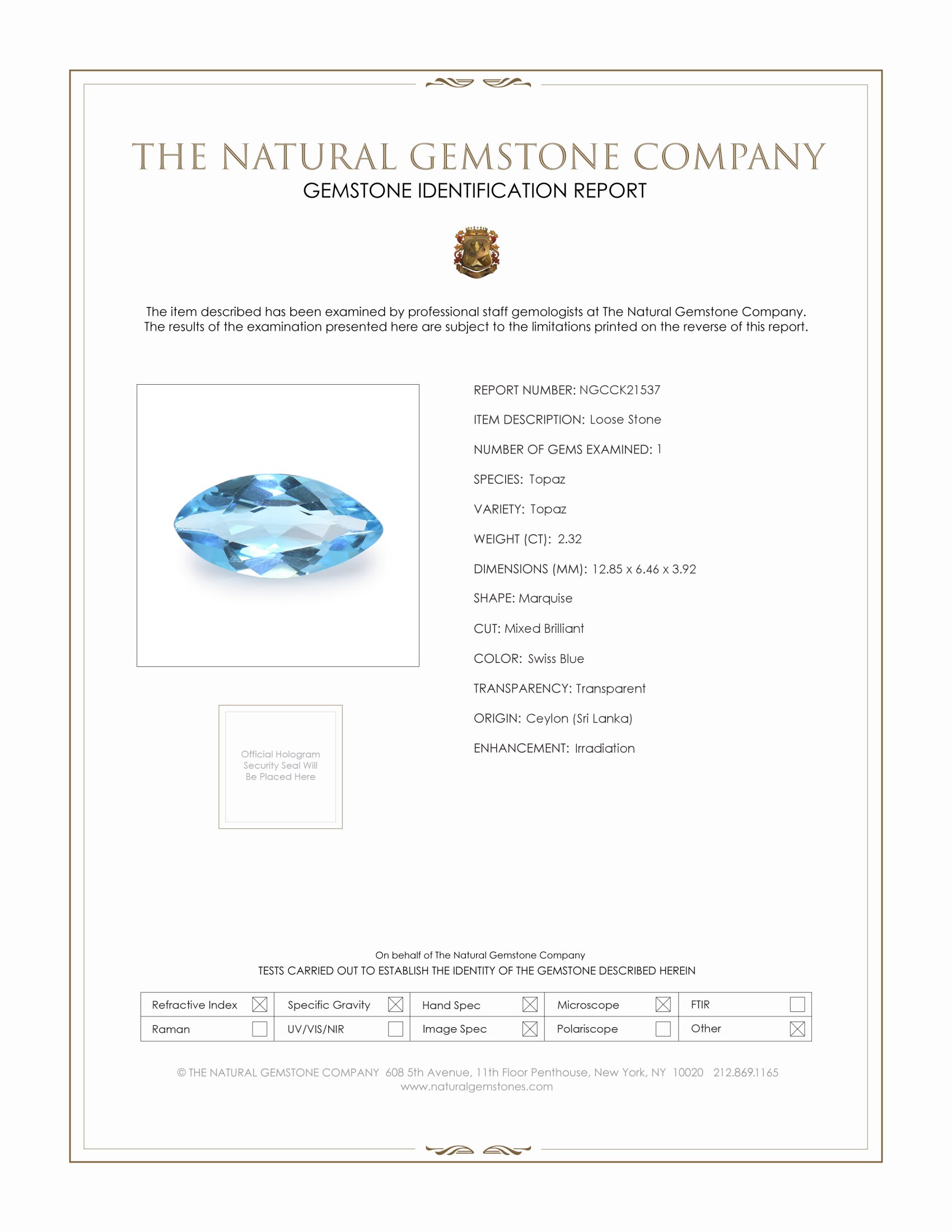 2.32 Ct. Swiss Blue Topaz from Burma (Myanmar)