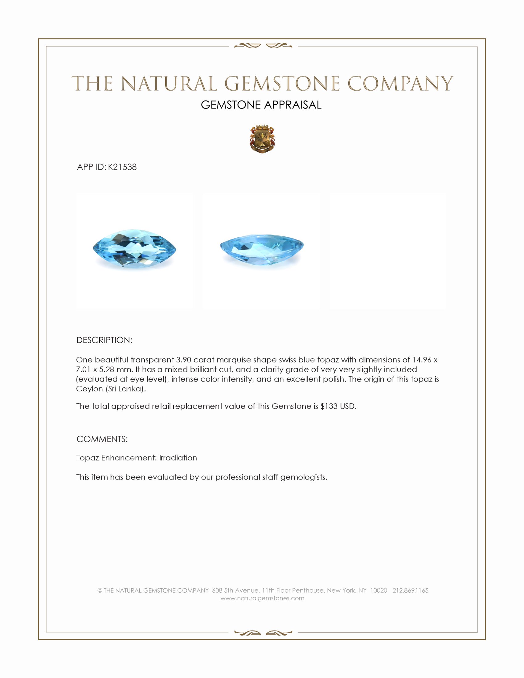 3.90 Ct. Swiss Blue Topaz from Ceylon (Sri Lanka)