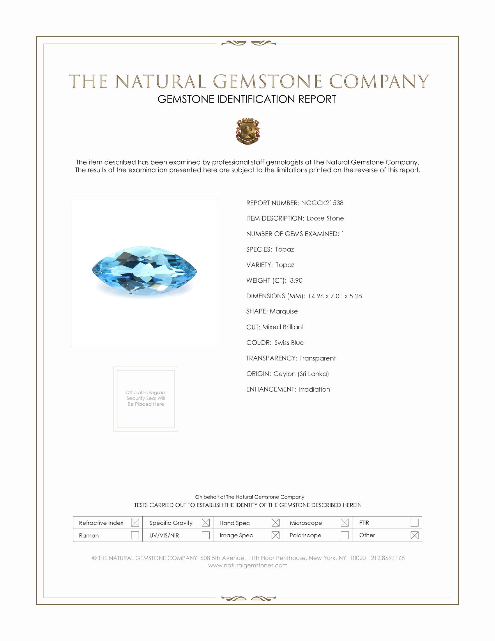 3.90 Ct. Swiss Blue Topaz from Ceylon (Sri Lanka)