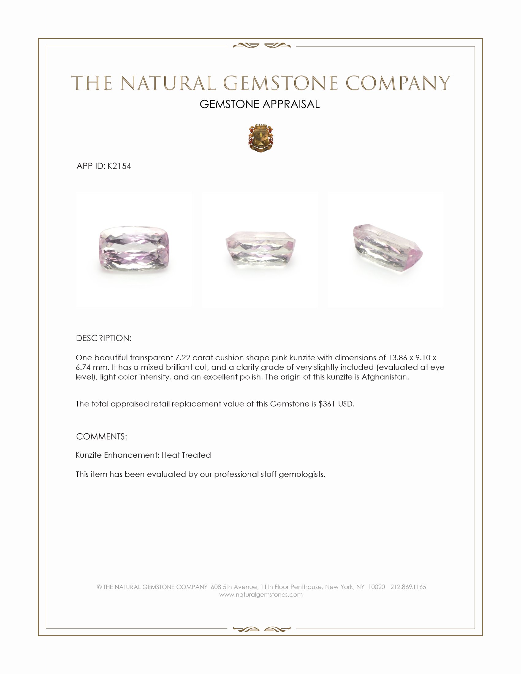 7.22 Ct. Pink Kunzite from Afghanistan