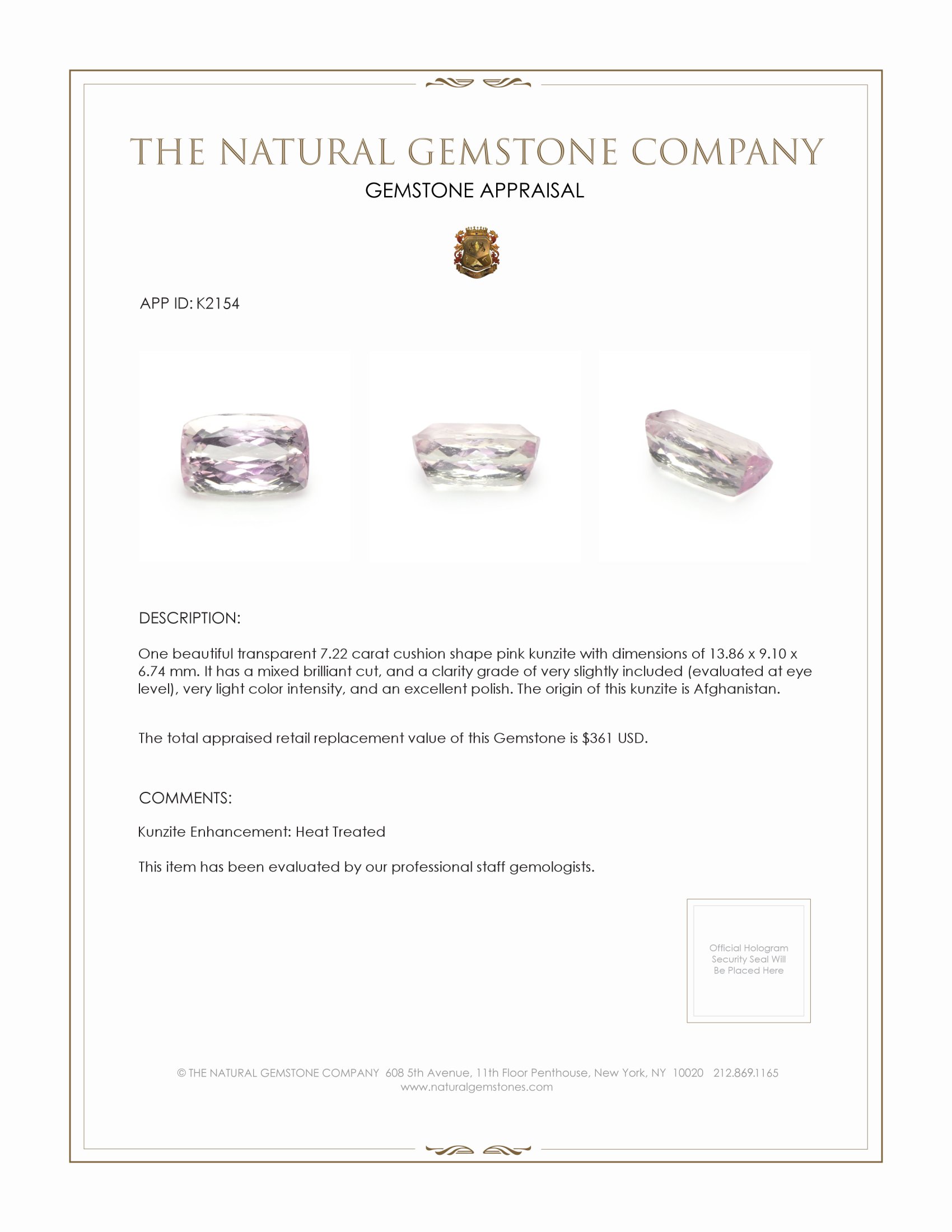 7.22 Ct. Kunzite from Afghanistan