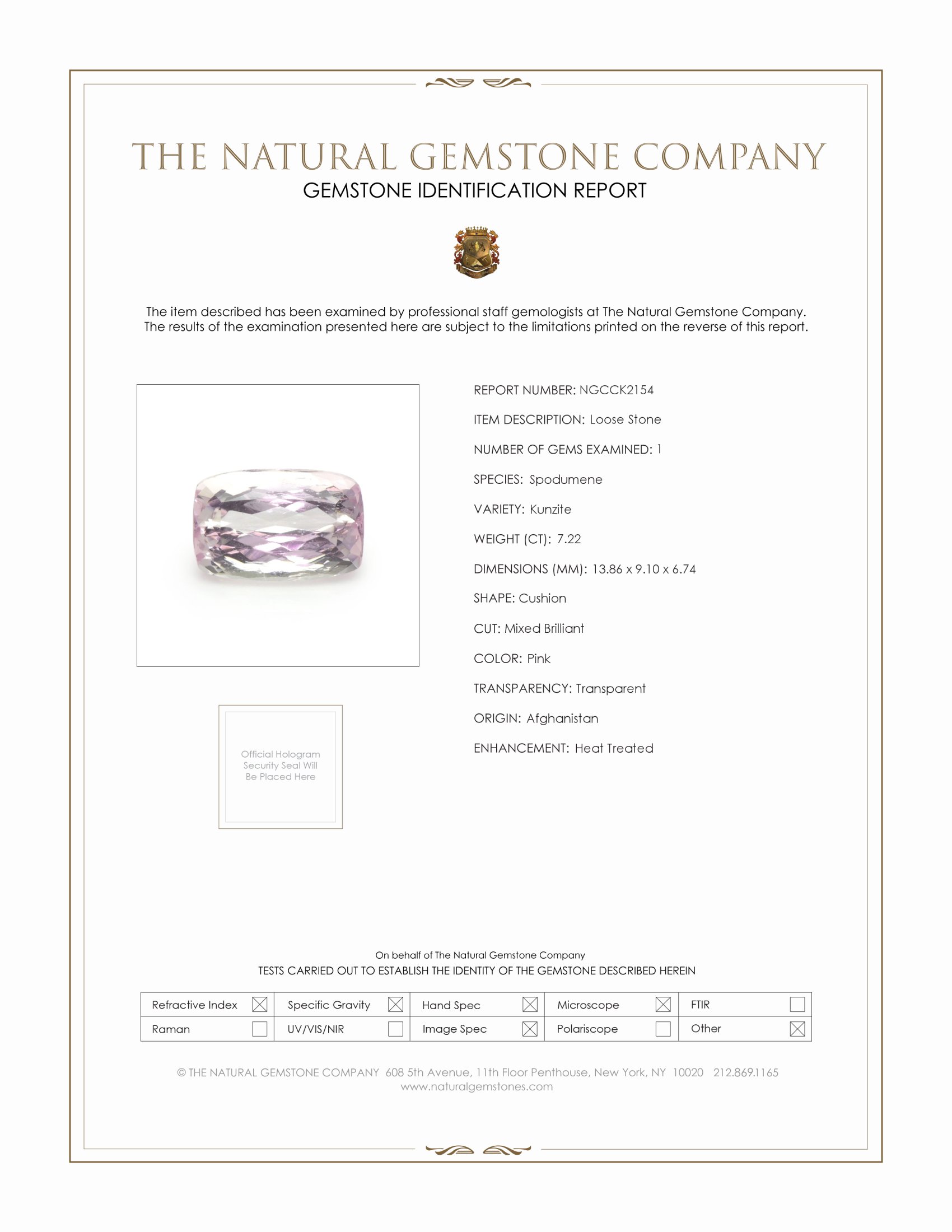 7.22 Ct. Kunzite from Afghanistan