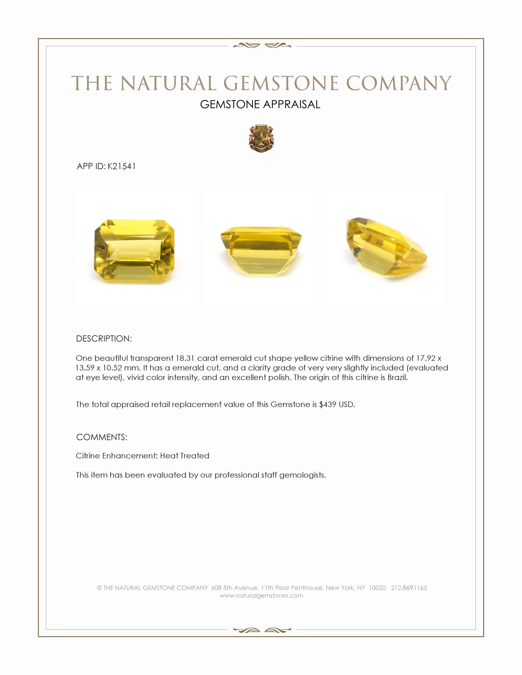 18.31 Ct. Yellow Citrine from Brazil