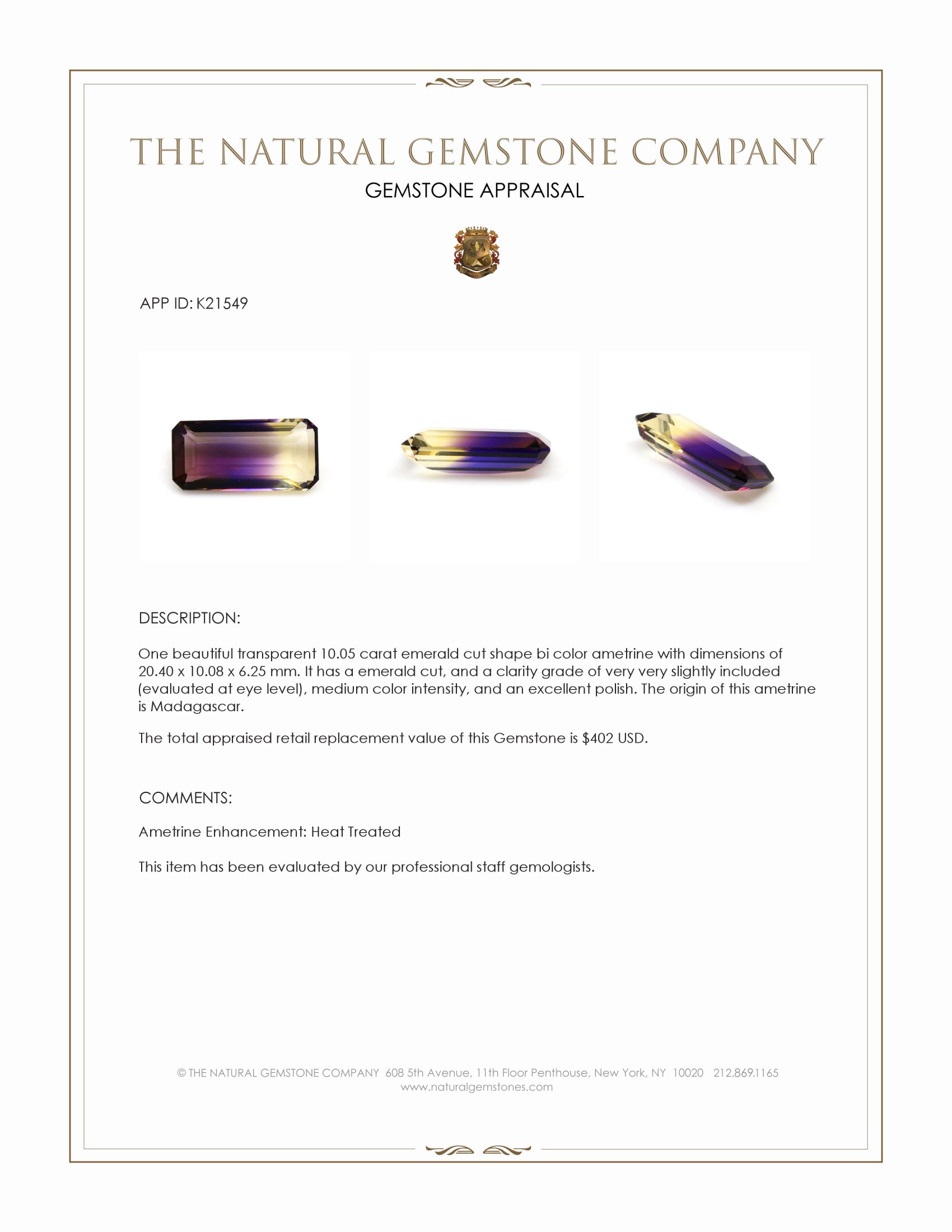 10.05 Ct. Ametrine from Madagascar