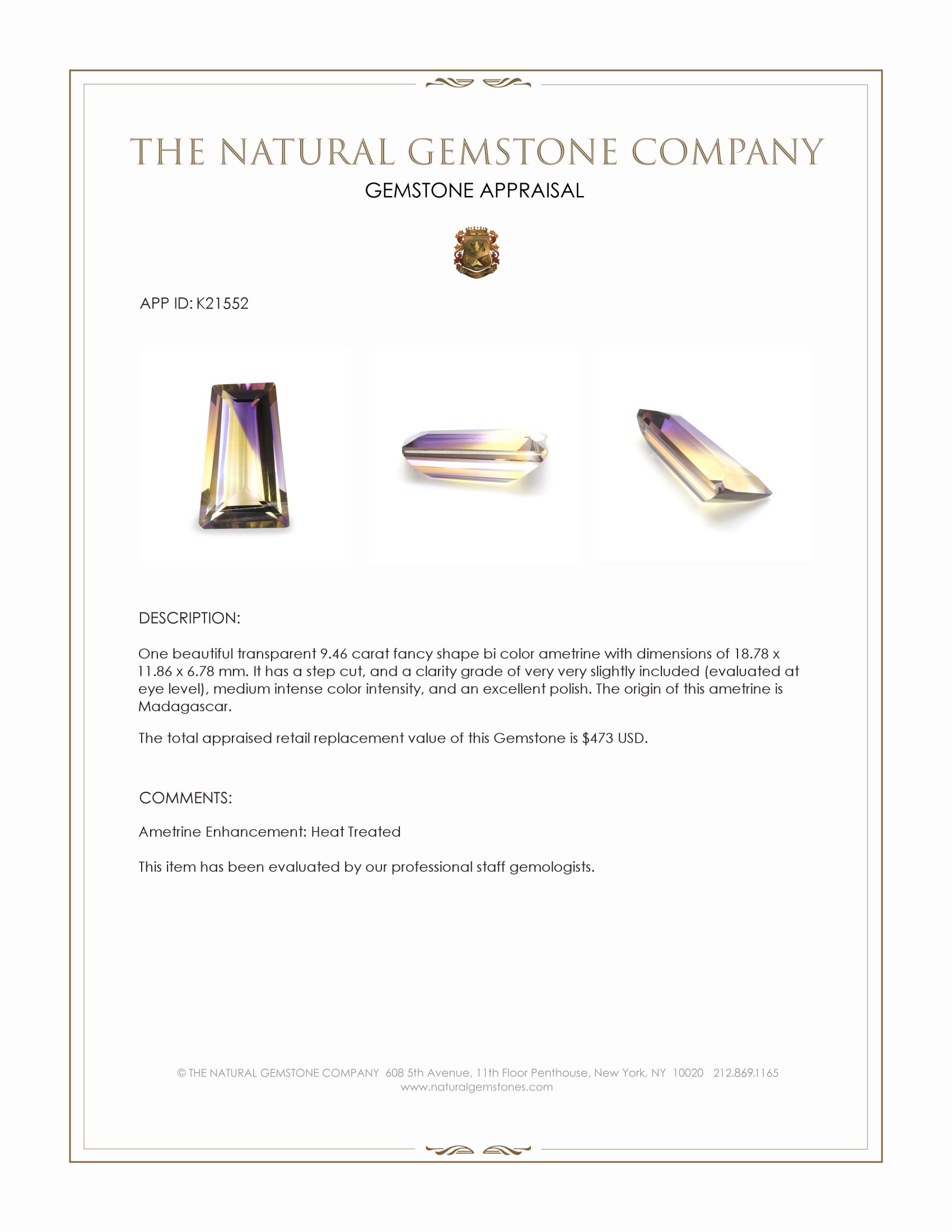 9.46 Ct. Ametrine from Madagascar