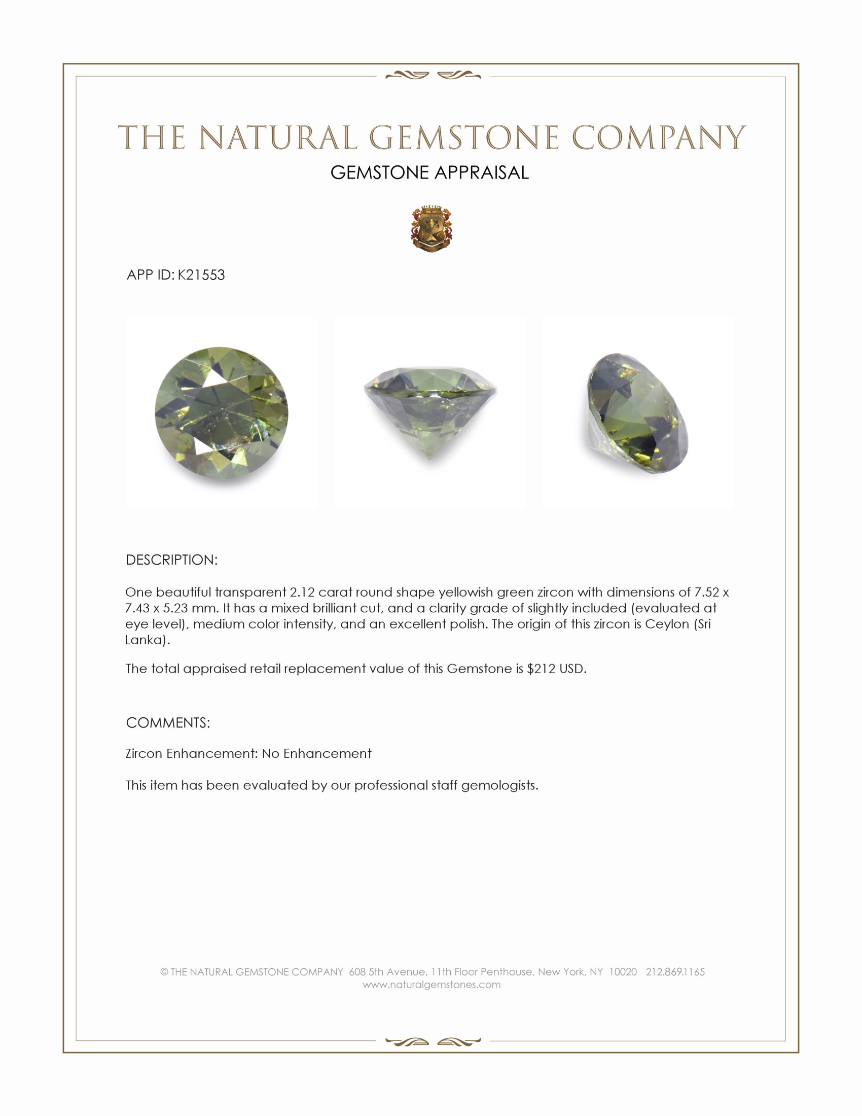 2.12 Ct. Yellowish Green Zircon from Ceylon (Sri Lanka)
