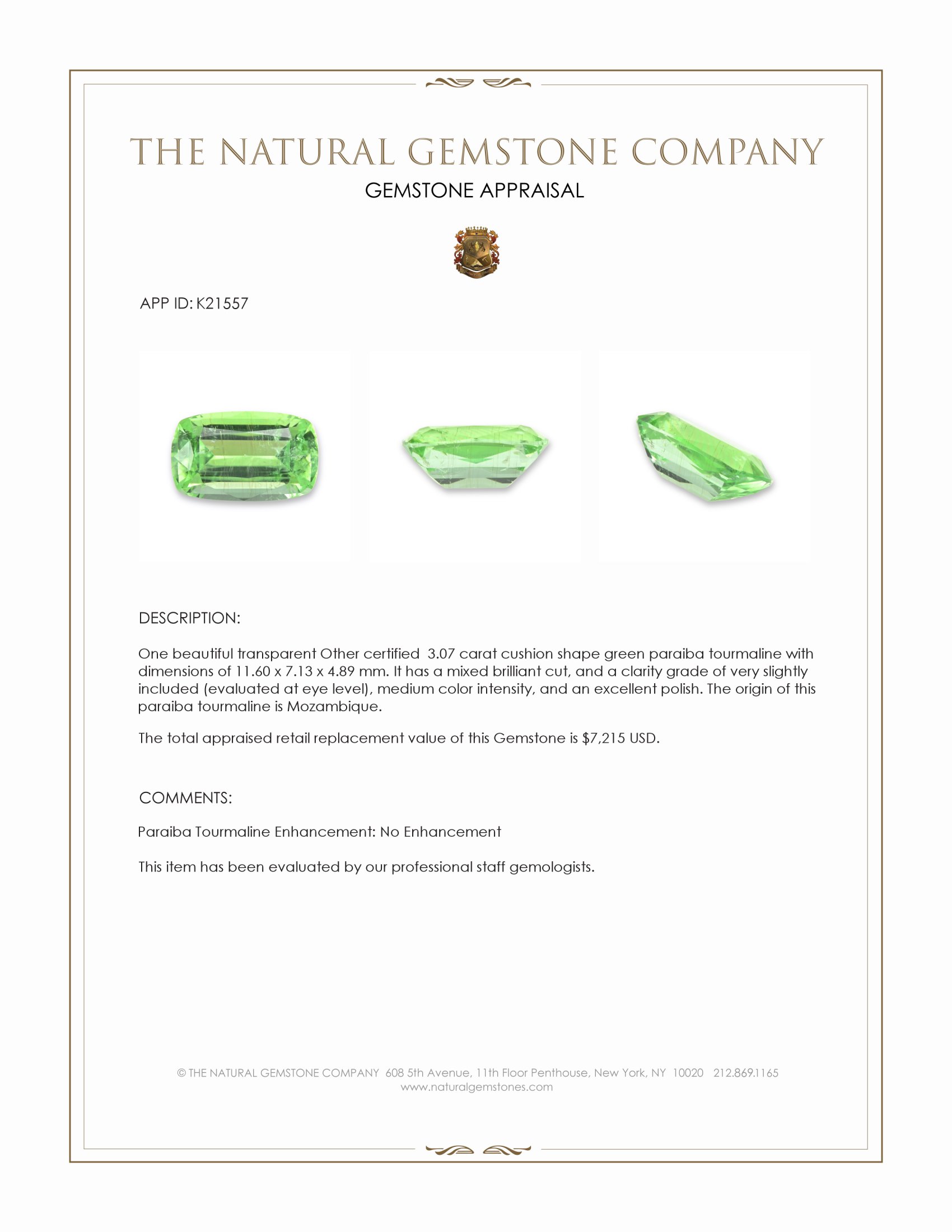 3.07 Ct. Green Paraiba Tourmaline from Mozambique