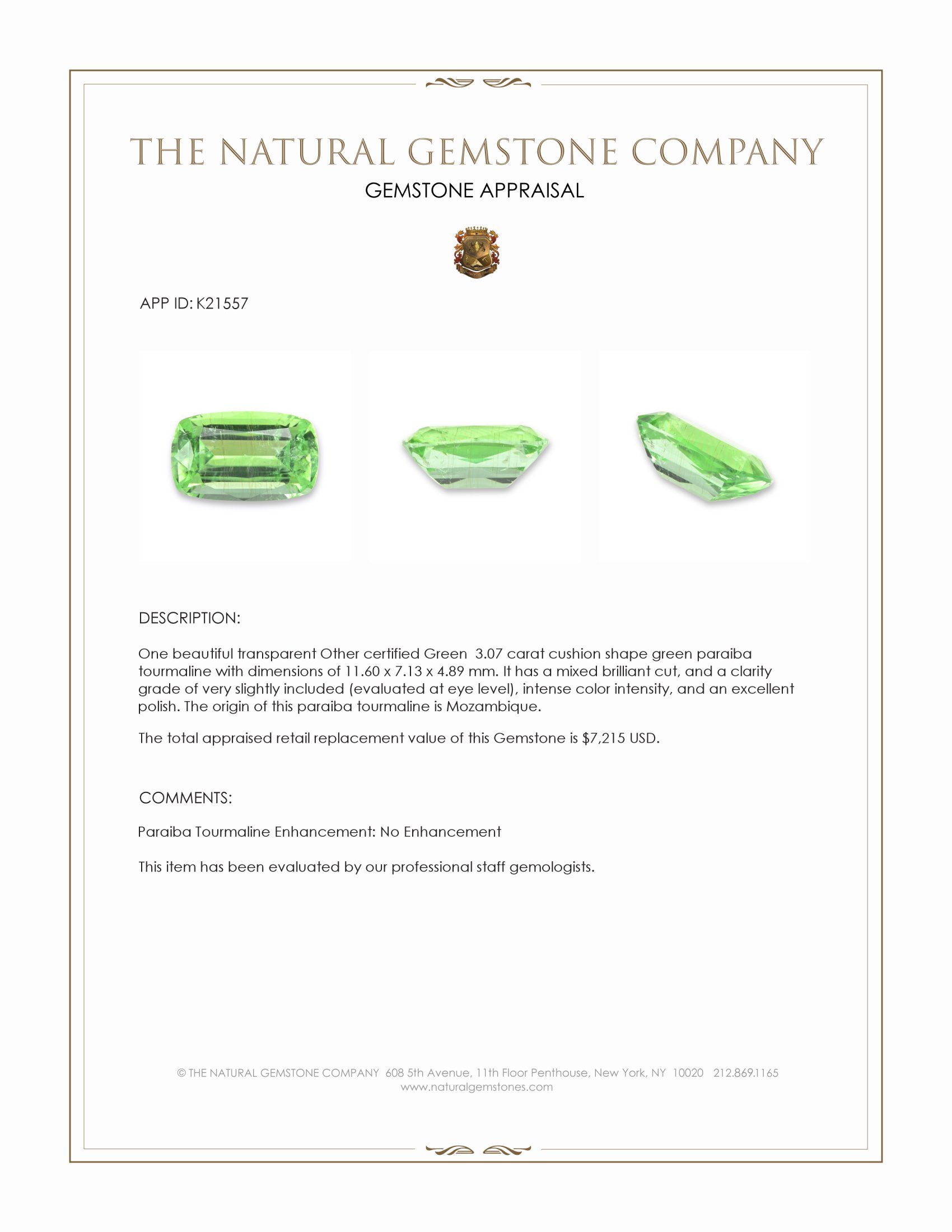 3.07 Ct. Green Paraiba Tourmaline from Mozambique