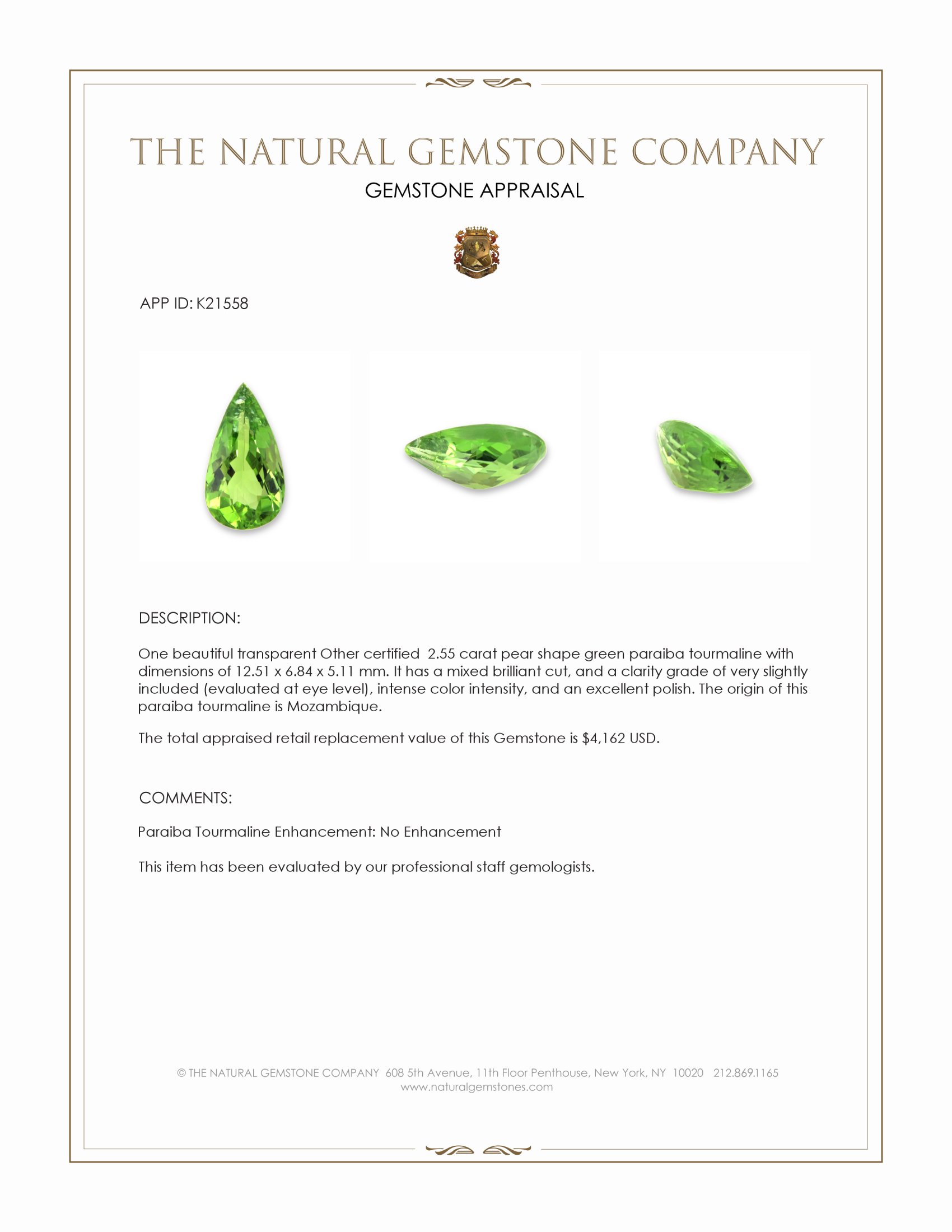 2.55 Ct. Green Paraiba Tourmaline from Mozambique