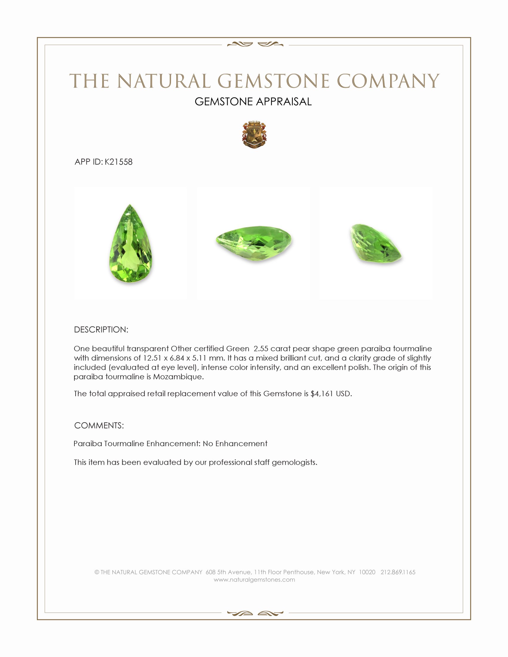 2.55 Ct. Green Paraiba Tourmaline from Mozambique