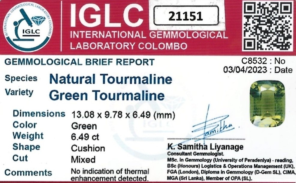 6.49 Ct. Yellowish Green Tourmaline from Ceylon (Sri Lanka)
