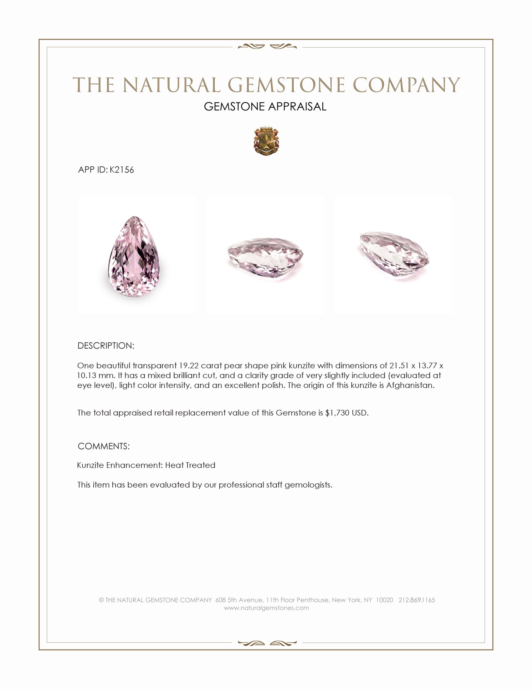 19.22 Ct. Kunzite from Afghanistan