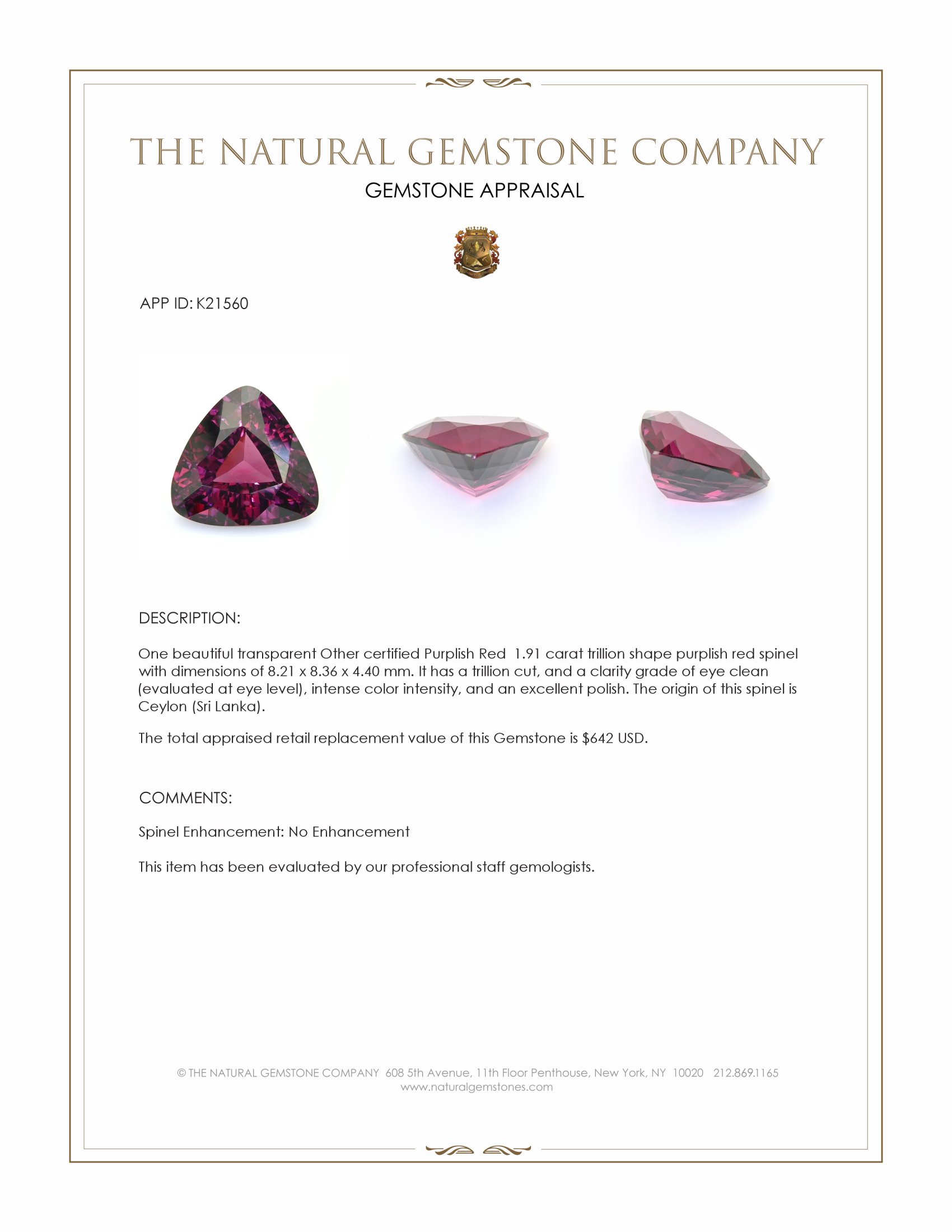 1.91 Ct. Purplish Pink Spinel from Ceylon (Sri Lanka)