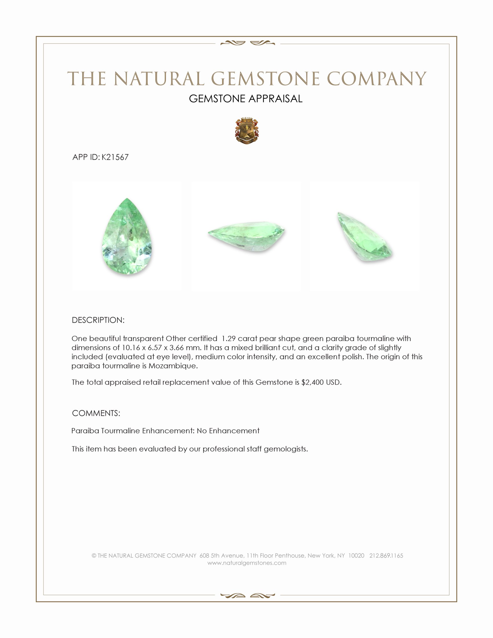 1.29 Ct. Green Paraiba Tourmaline from Mozambique