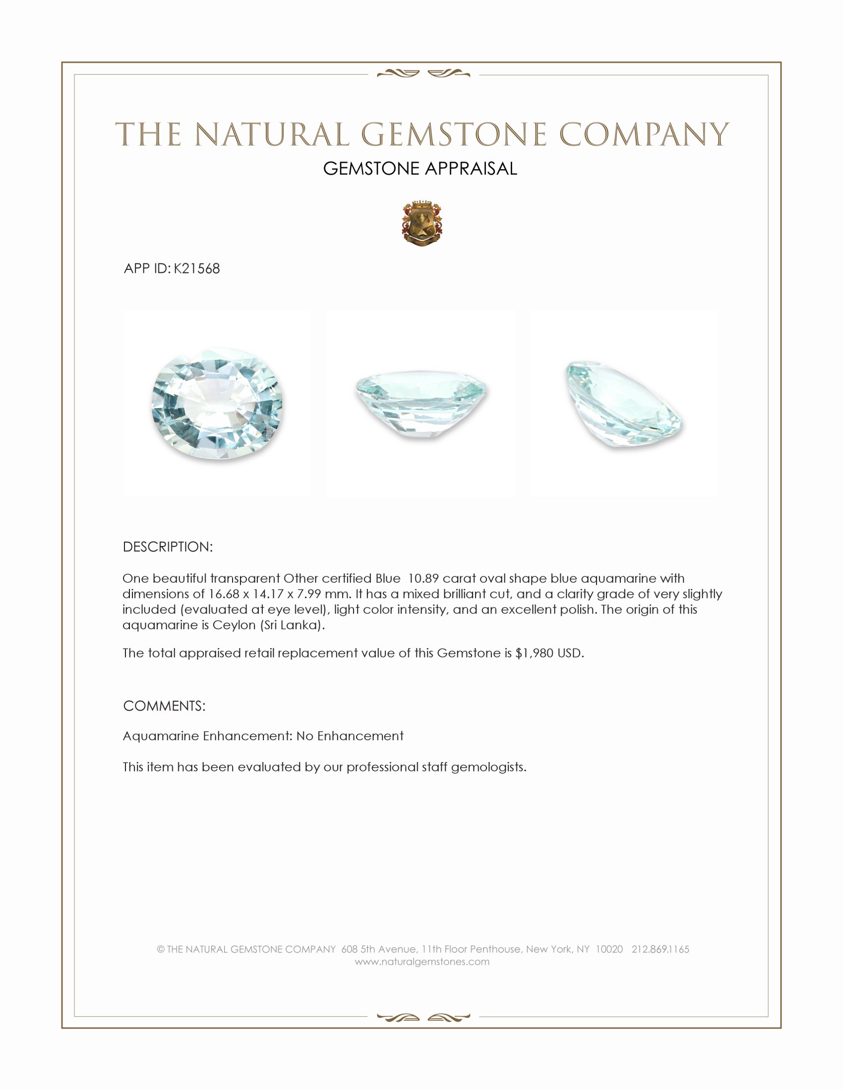 10.89 Ct. Greenish Blue Aquamarine from Ceylon (Sri Lanka)