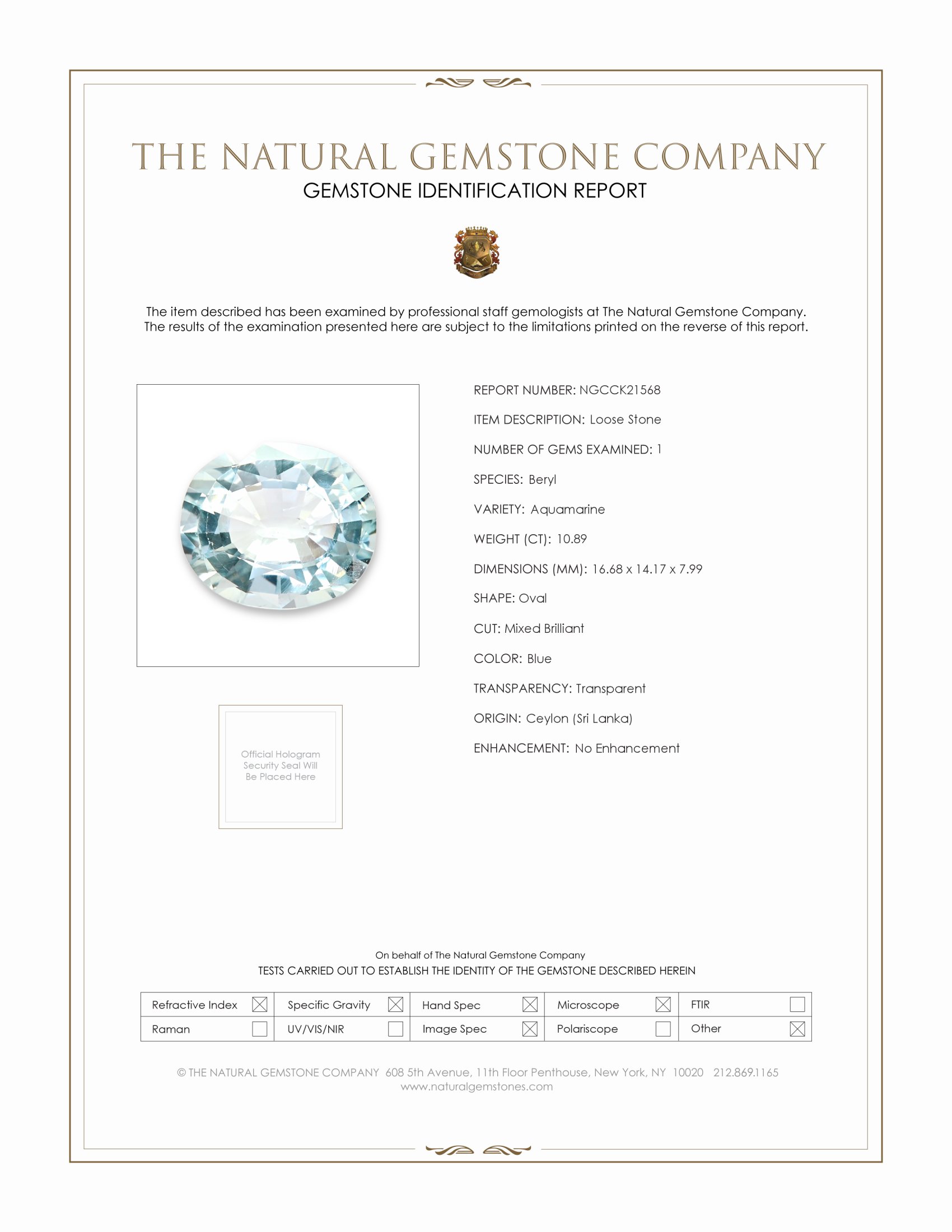 10.89 Ct. Greenish Blue Aquamarine from Ceylon (Sri Lanka)