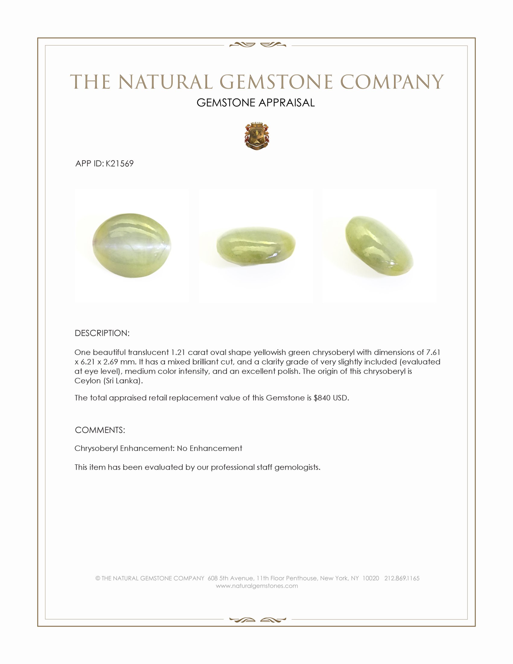 1.21 Ct. Yellowish Green Cabochon Chrysoberyl from Ceylon (Sri Lanka)