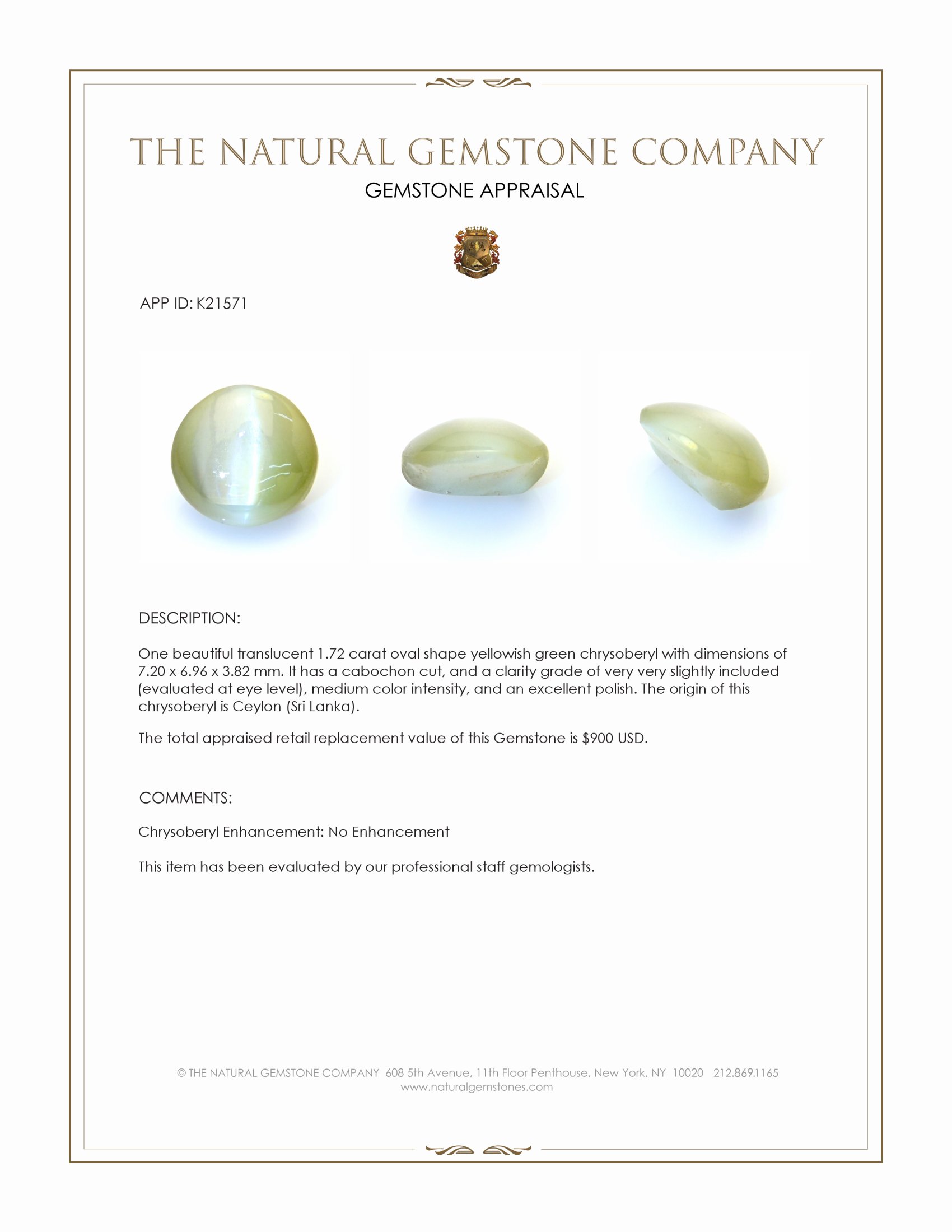 1.72 Ct. Yellowish Green Cabochon Chrysoberyl from Ceylon (Sri Lanka)