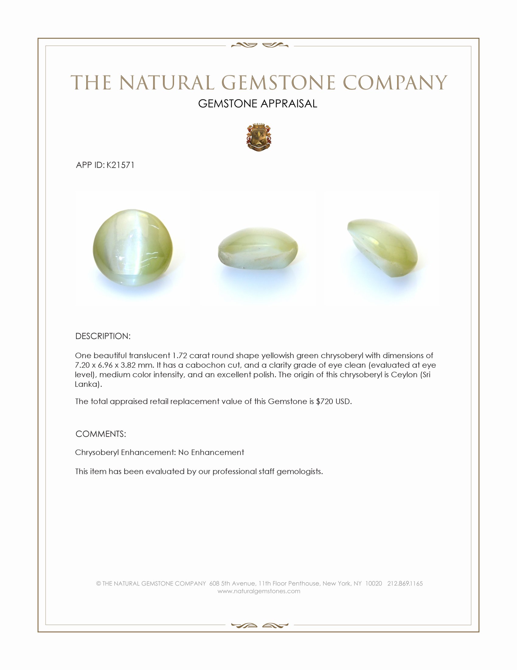 1.72 Ct. Yellowish Green Cabochon Chrysoberyl from Ceylon (Sri Lanka)
