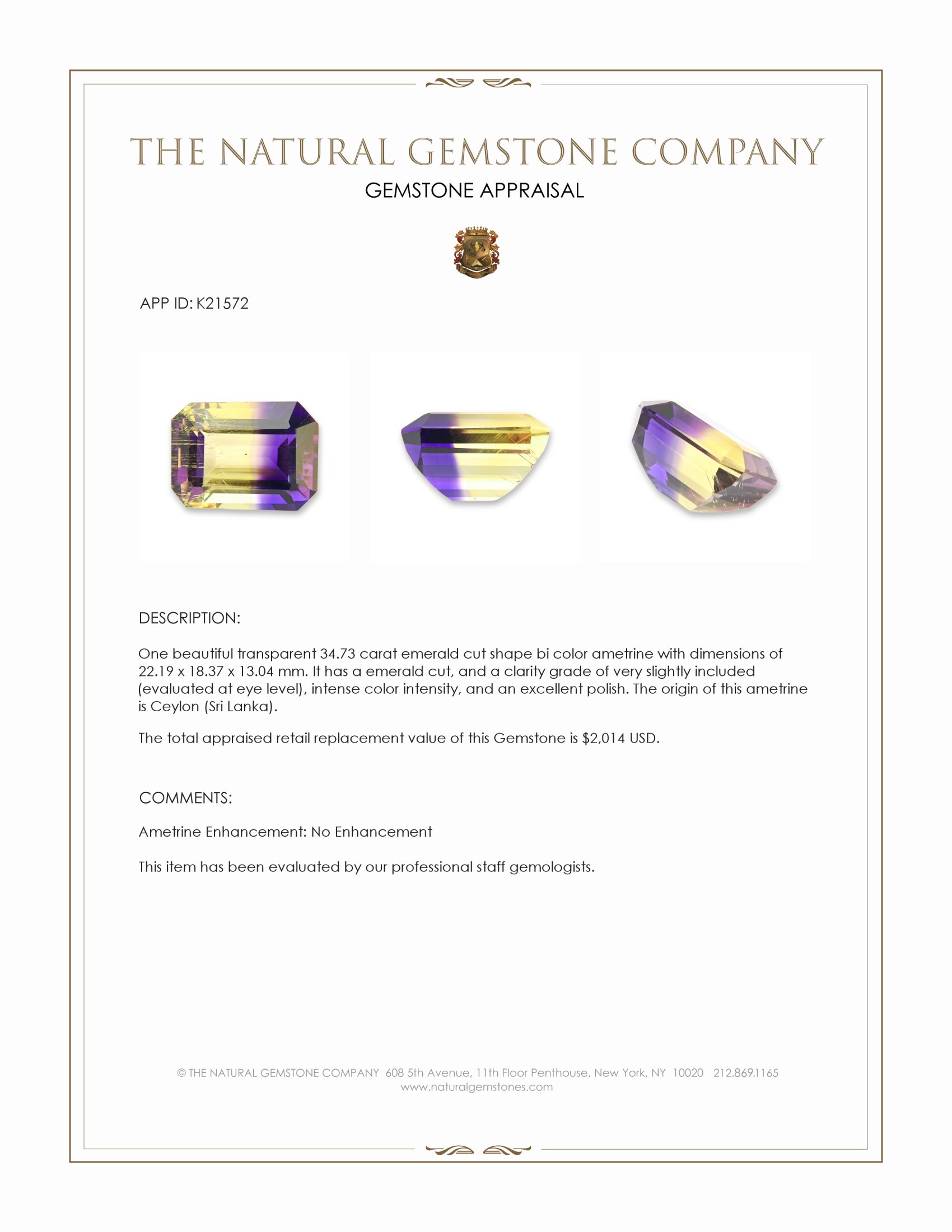 34.73 Ct. Ametrine from Ceylon (Sri Lanka)