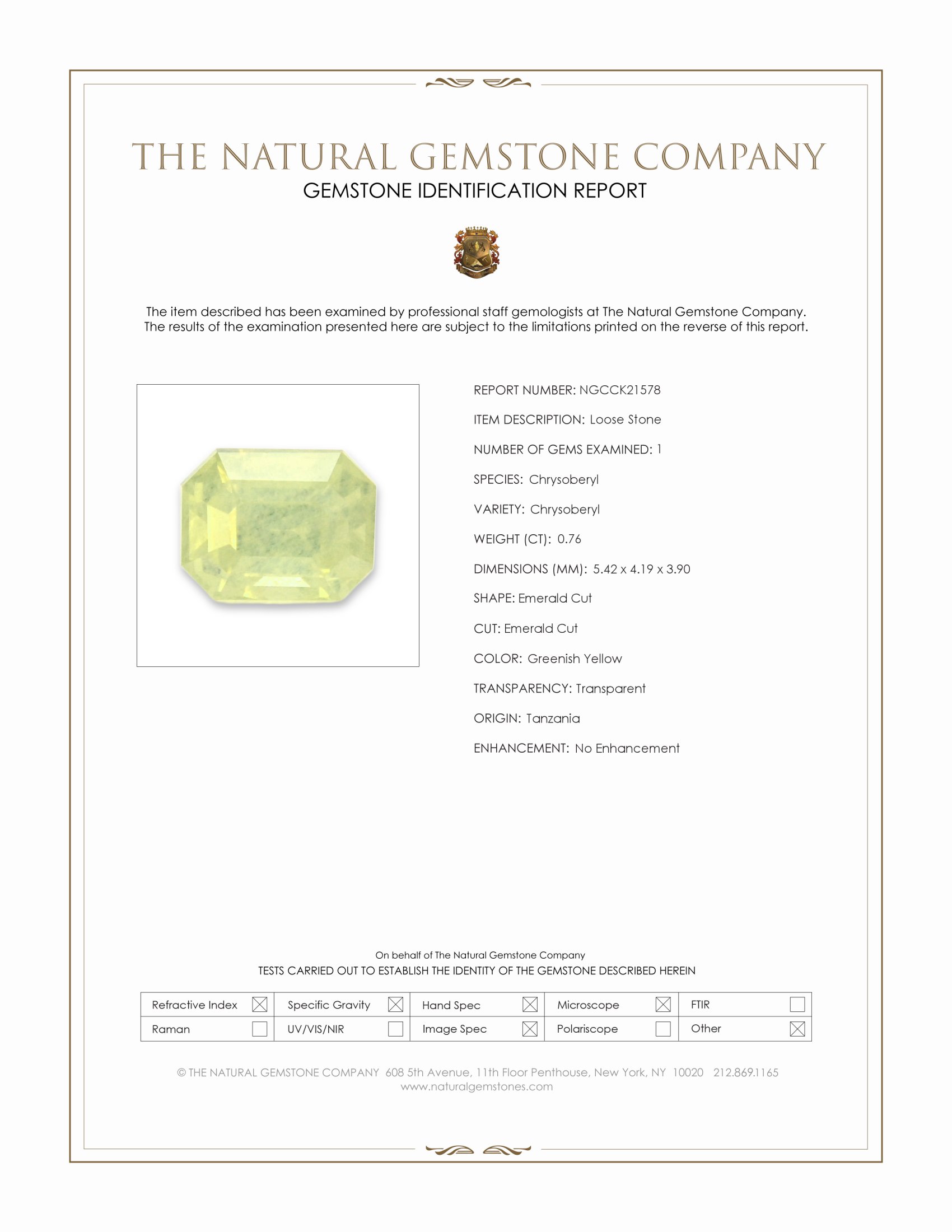 0.76 Ct. Greenish Yellow Chrysoberyl from Tanzania