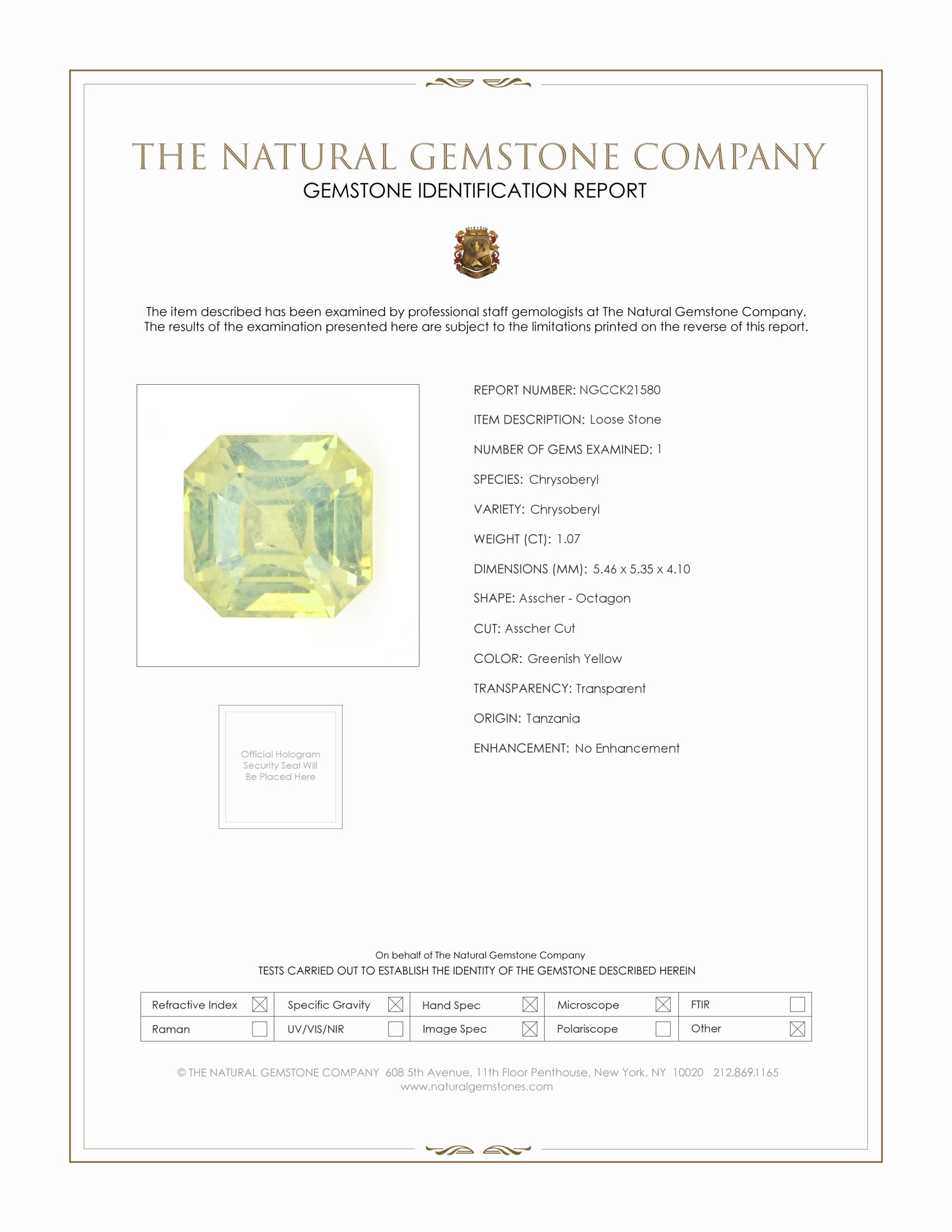 1.07 Ct. Greenish Yellow Chrysoberyl from Tanzania