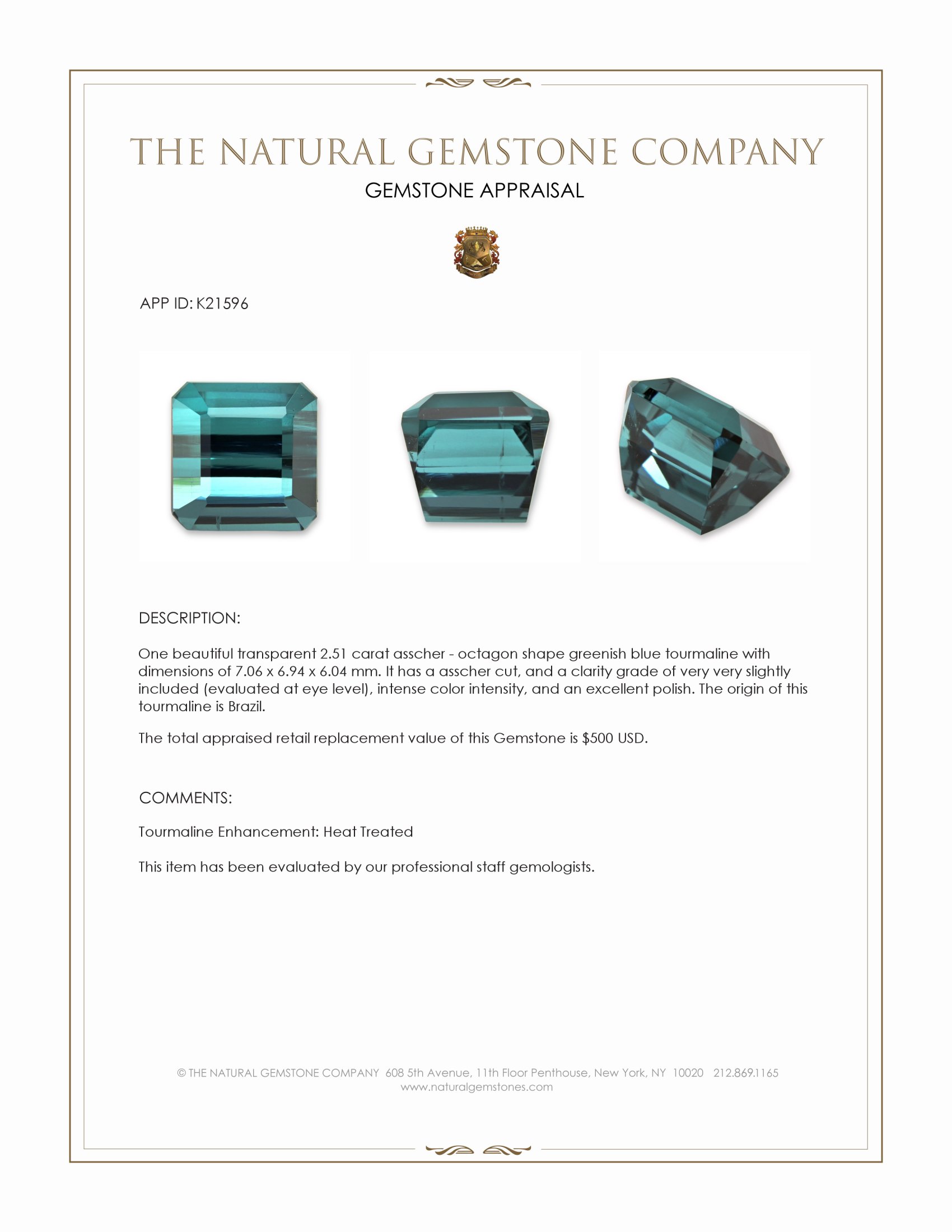 2.51 Ct. Greenish Blue Tourmaline from Brazil