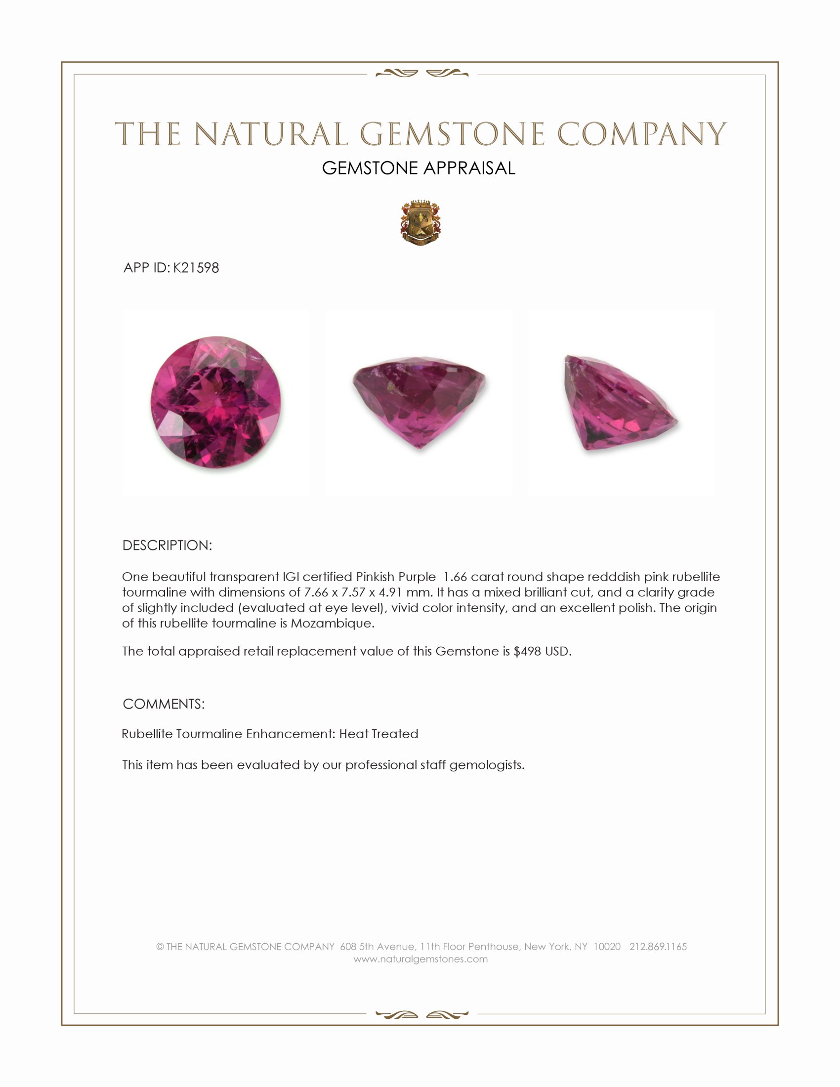 1.66 Ct. Purplish Pink Tourmaline from Mozambique