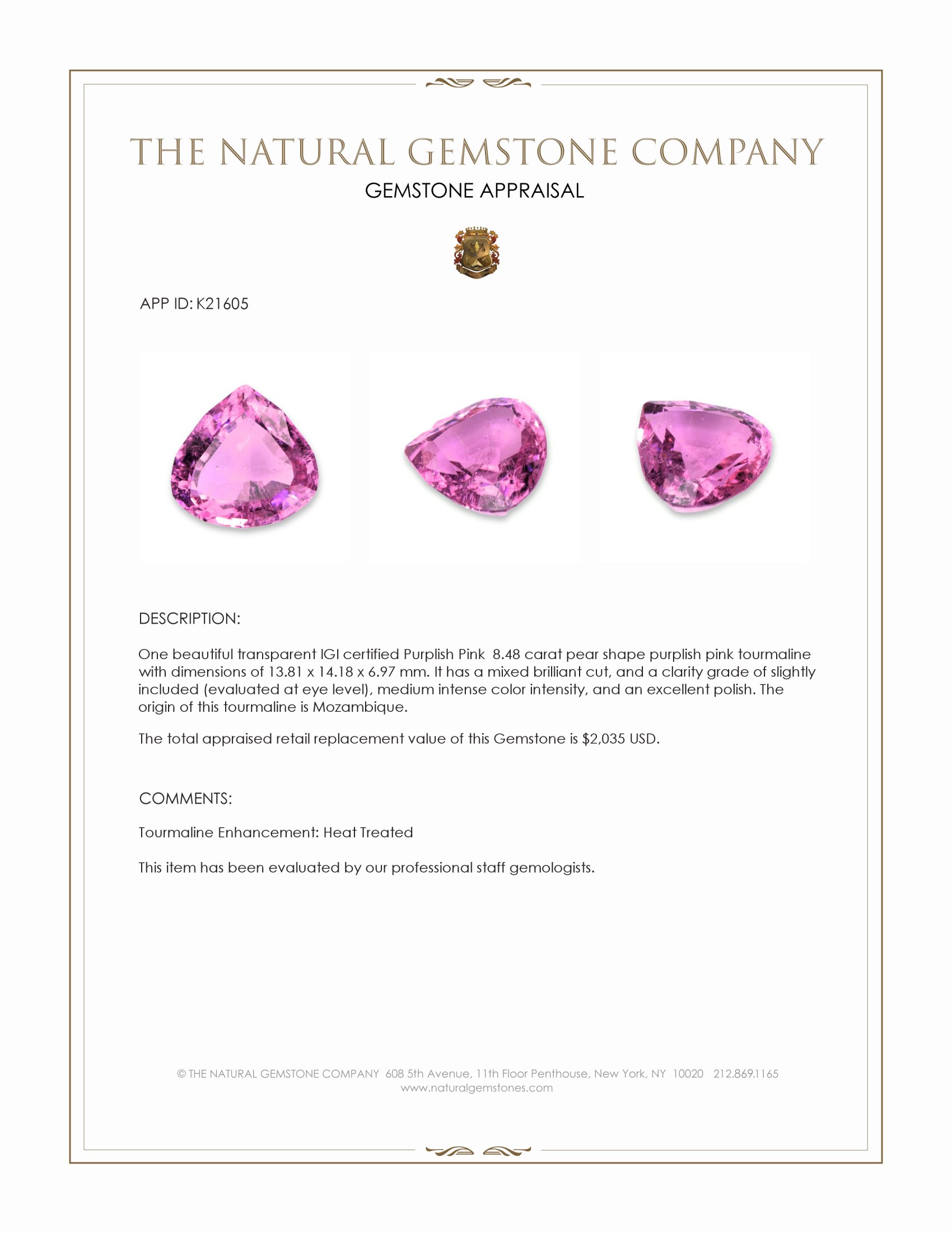 8.48 Ct. Purplish Pink Tourmaline from Mozambique