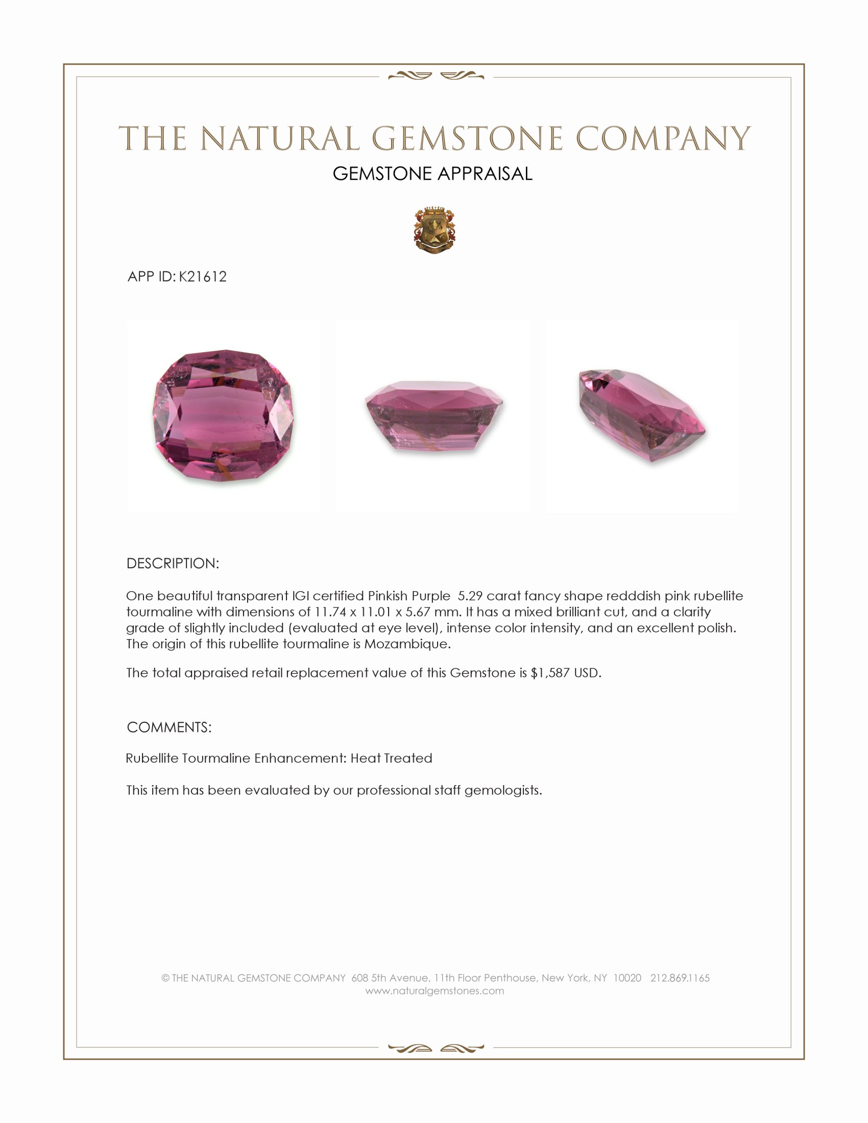 5.29 Ct. Purplish Pink Tourmaline from Mozambique