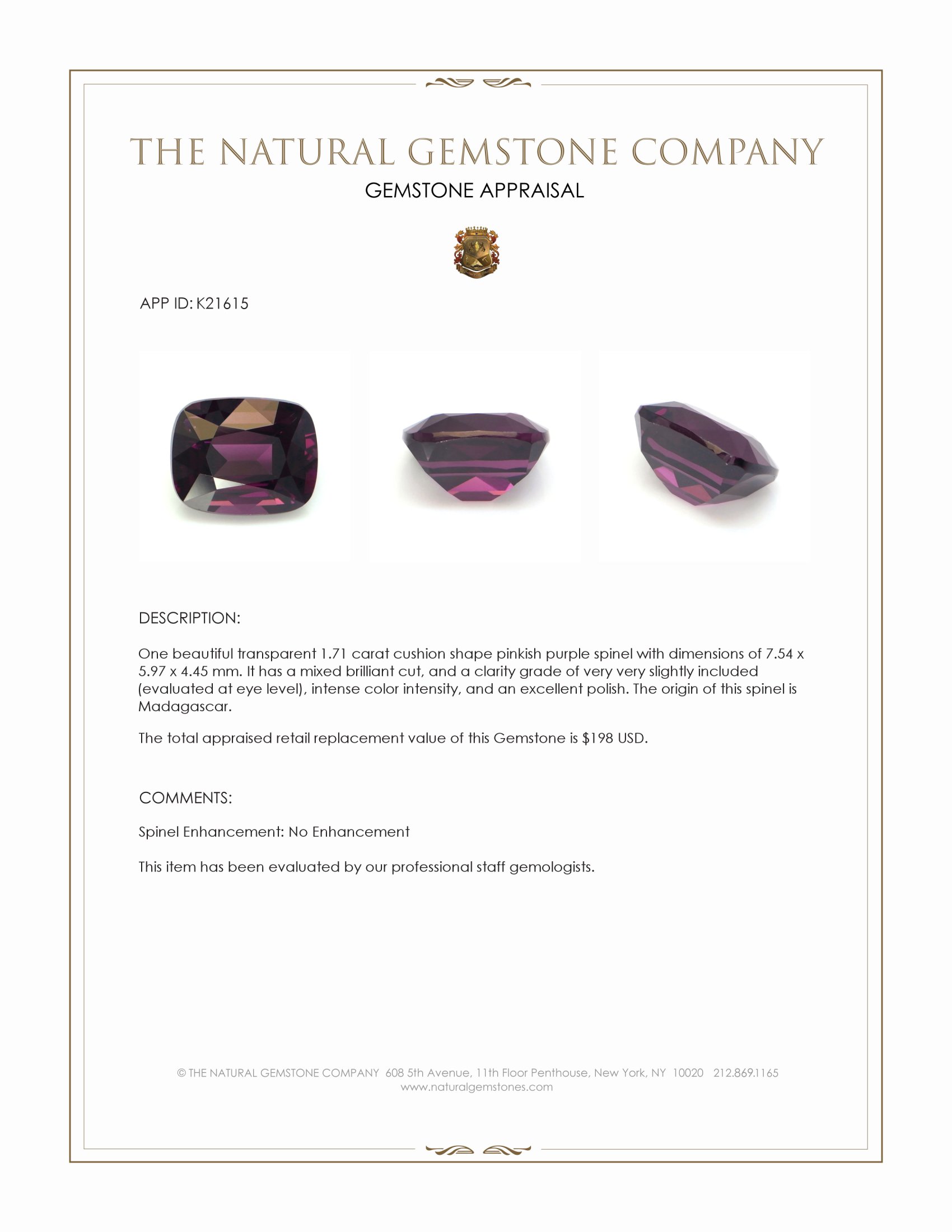 1.71 Ct. Pinkish Purple Spinel from Ceylon (Sri Lanka)