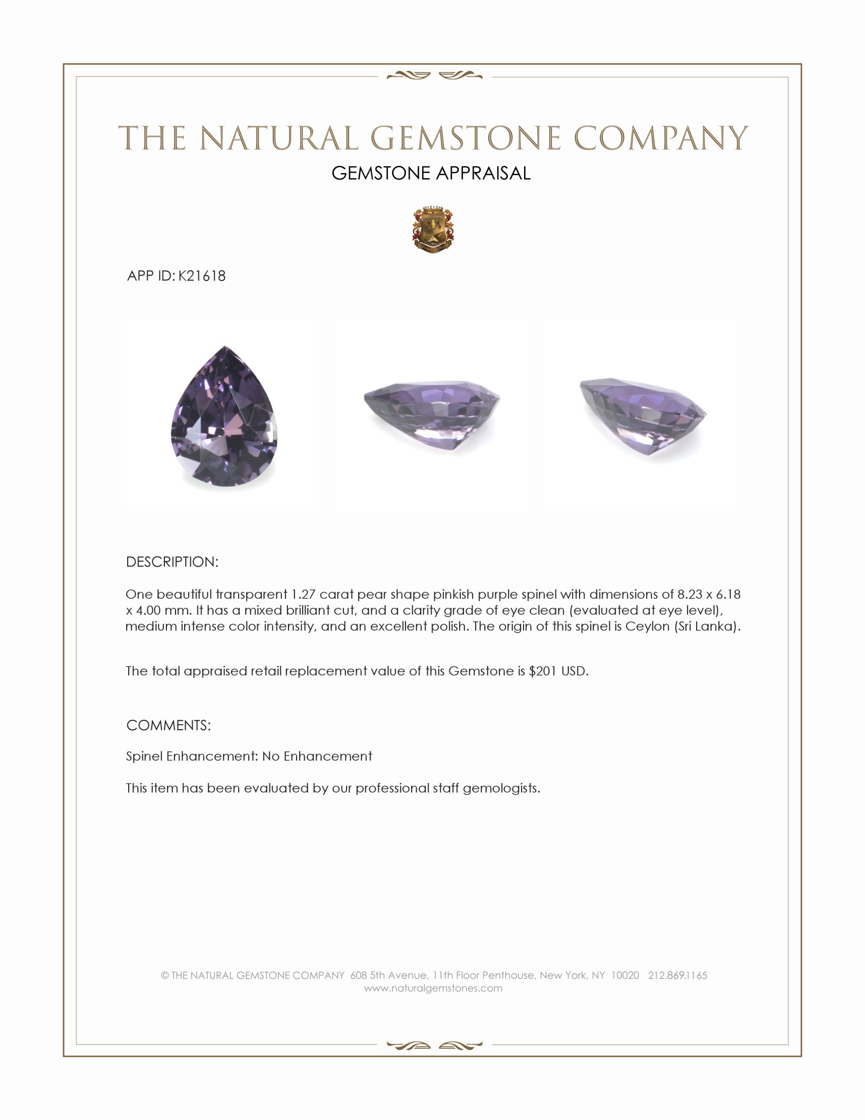 1.27 Ct. Pinkish Purple Spinel from Ceylon (Sri Lanka)