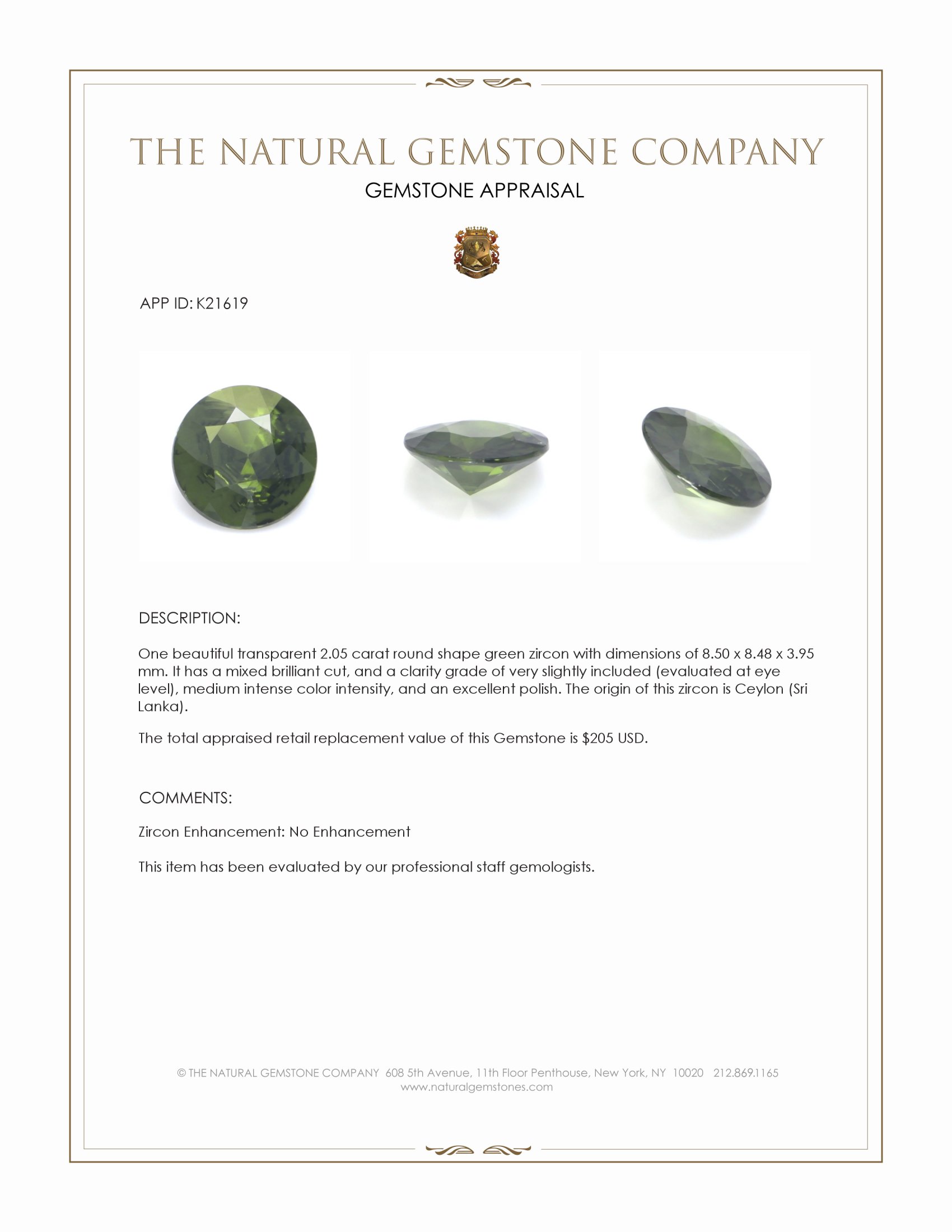 2.05 Ct. Green Zircon from Ceylon (Sri Lanka)