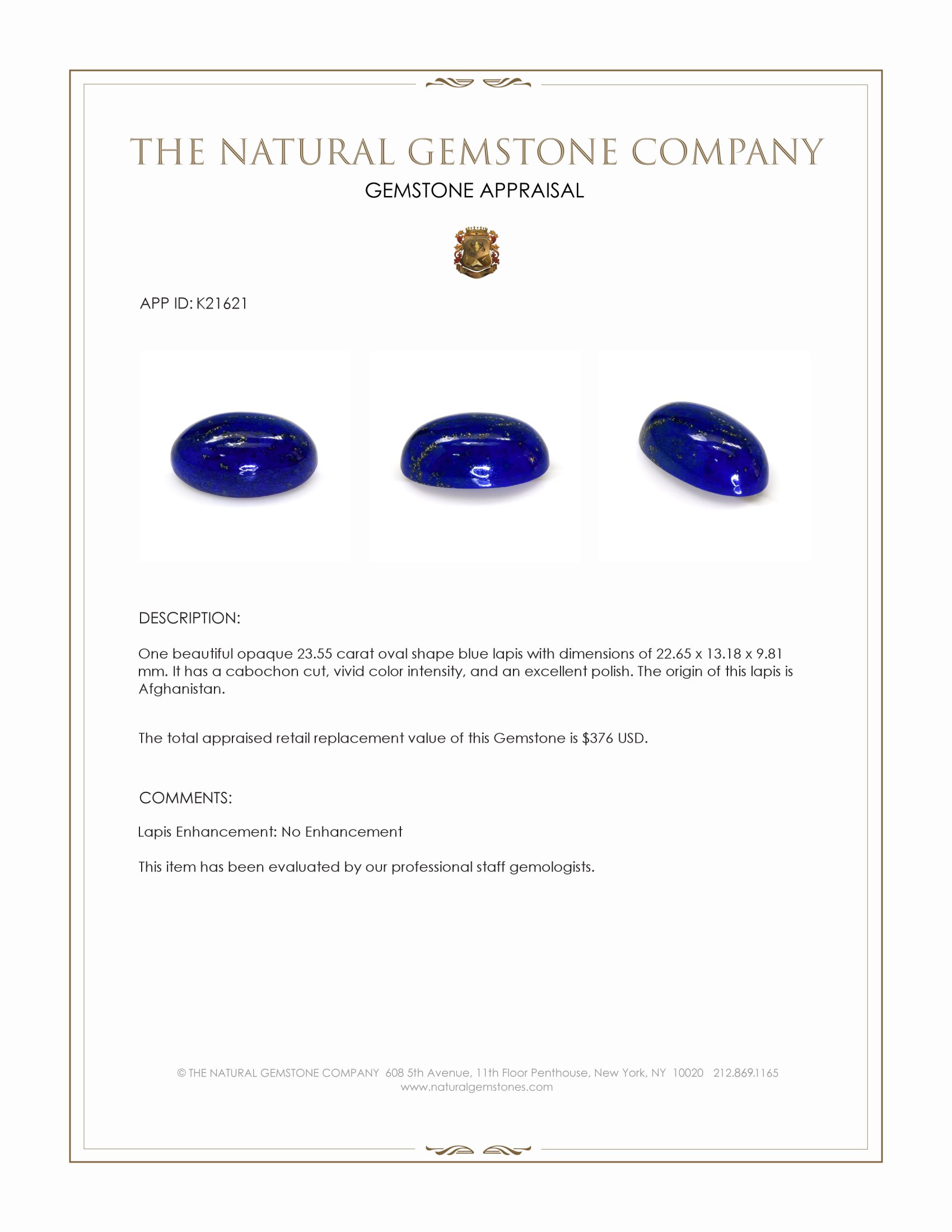 23.55 Ct. Cabochon Lapis from Afghanistan