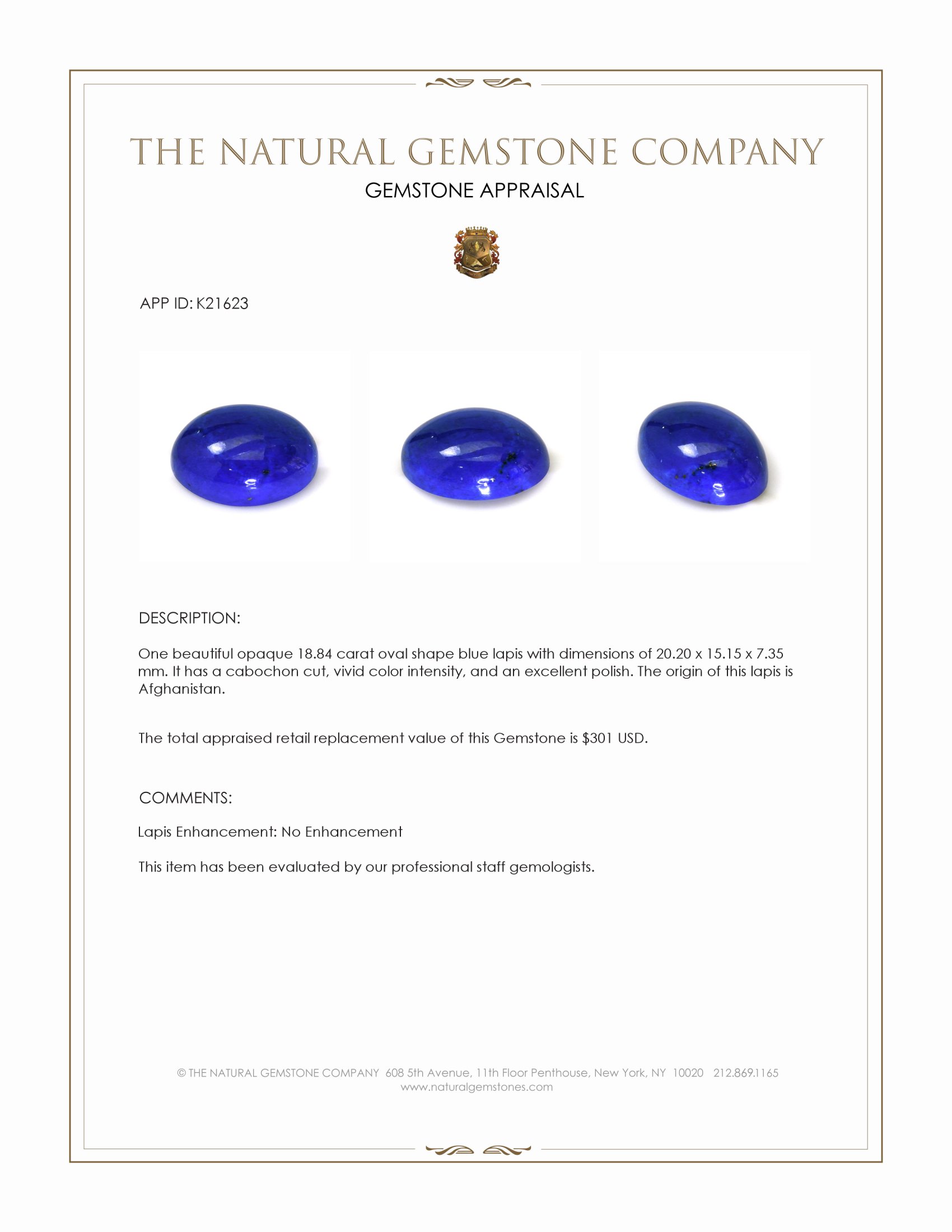 18.84 Ct. Cabochon Lapis from Afghanistan