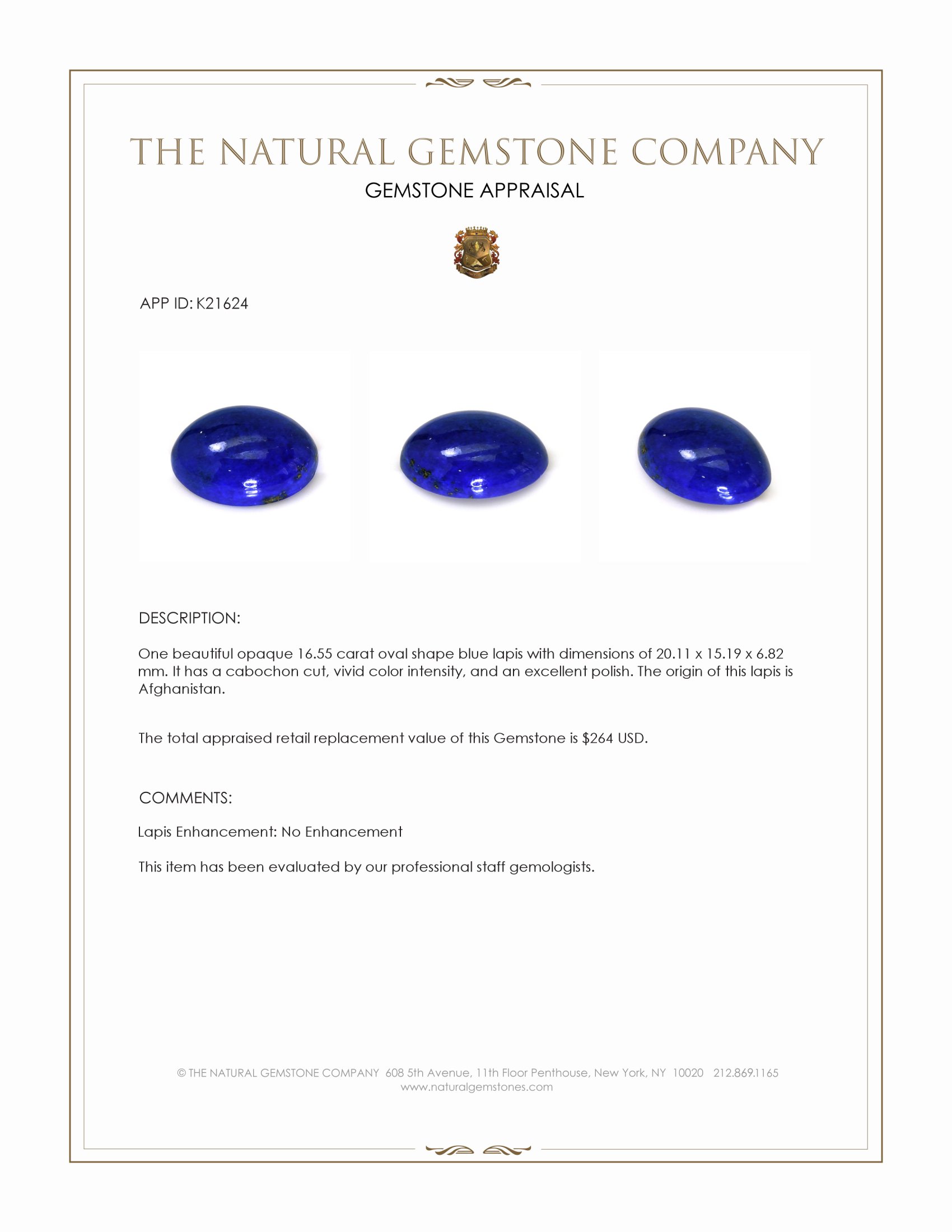 16.55 Ct. Cabochon Lapis from Afghanistan